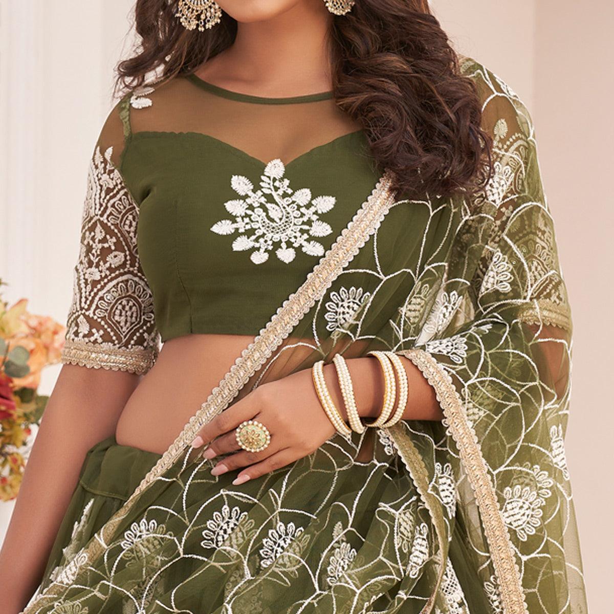 Olive Green Floral Sequence Embroidered Net Lehenga Choli - Peachmode
