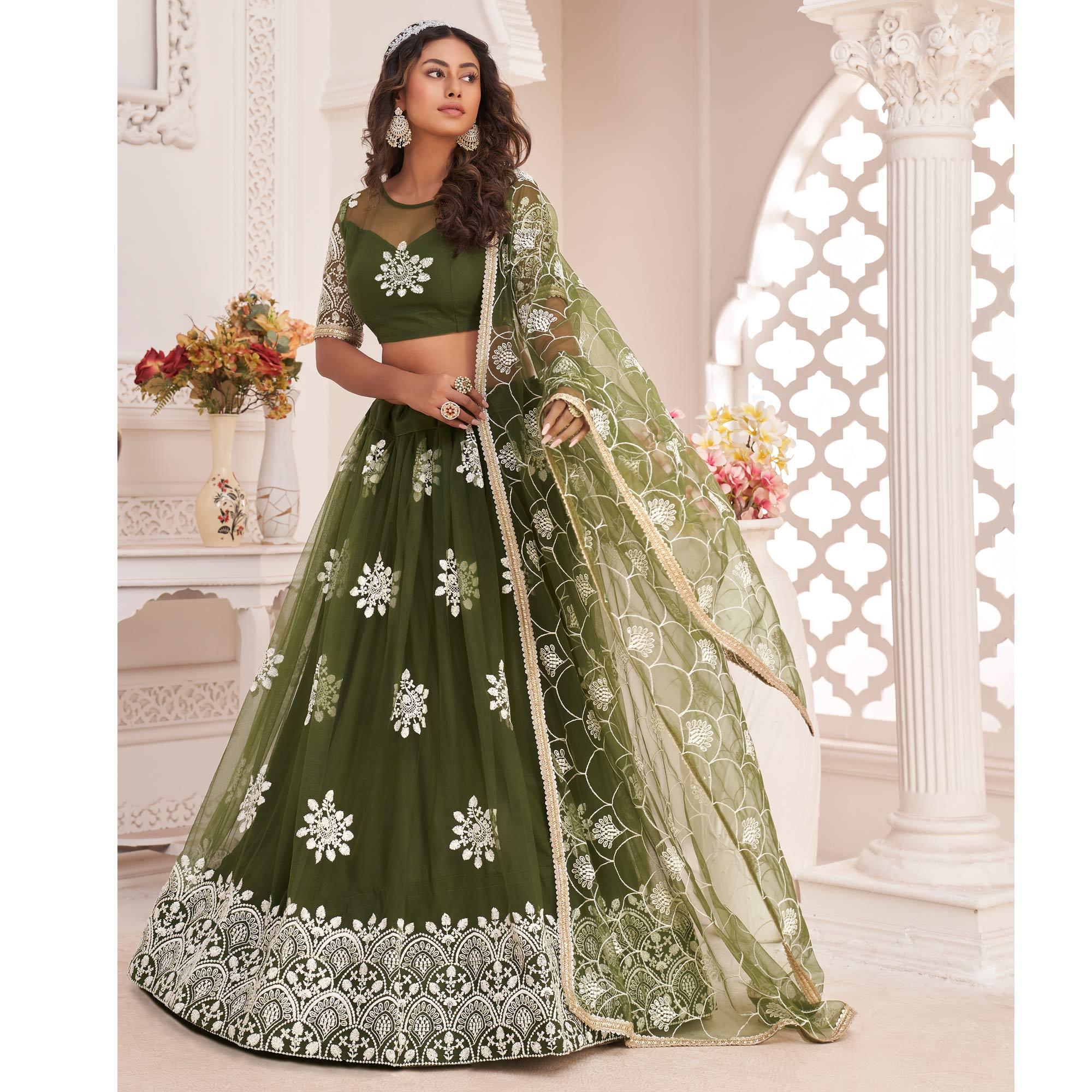 Olive Green Floral Sequence Embroidered Net Lehenga Choli - Peachmode