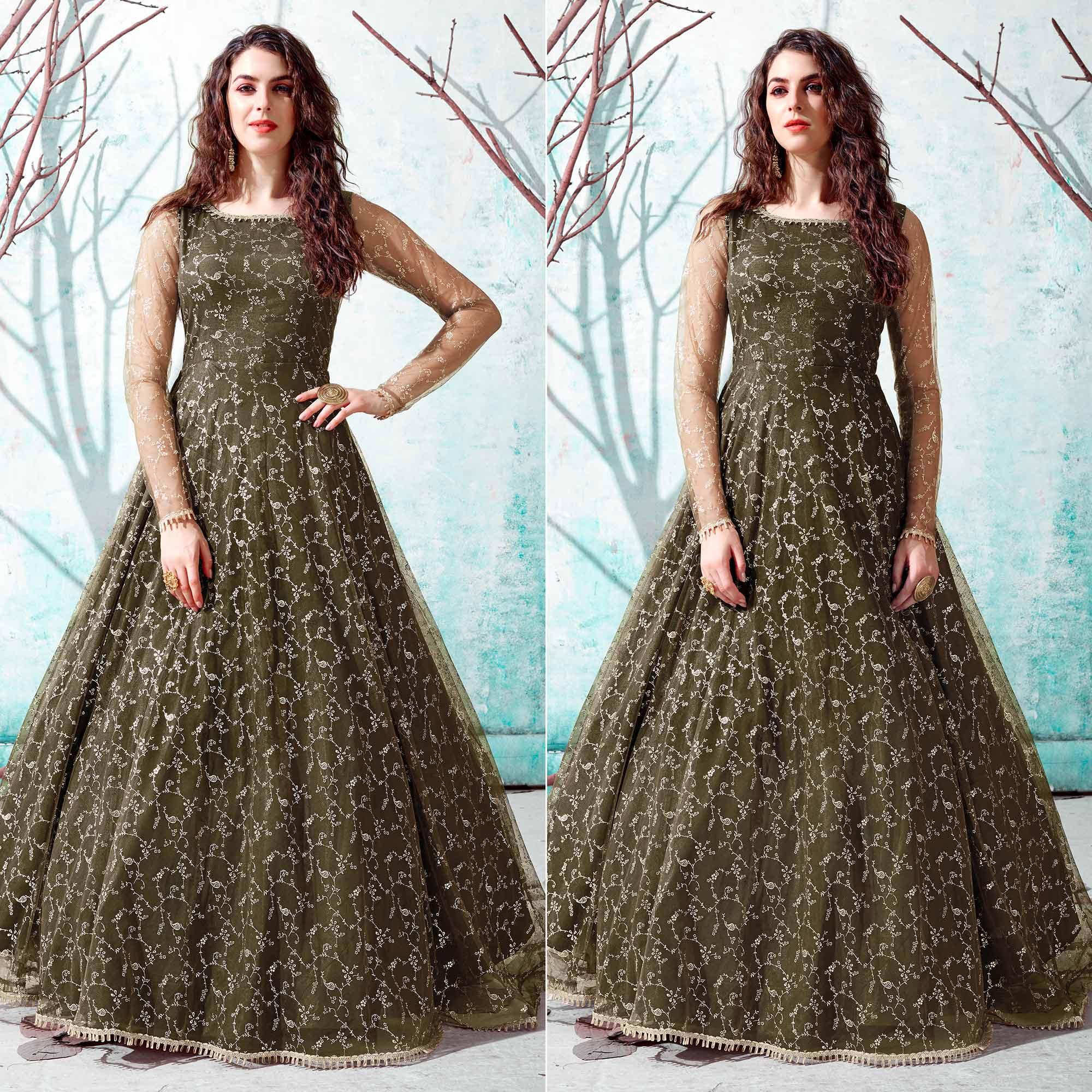 Olive Green Foil Printed Netted Gown - Peachmode