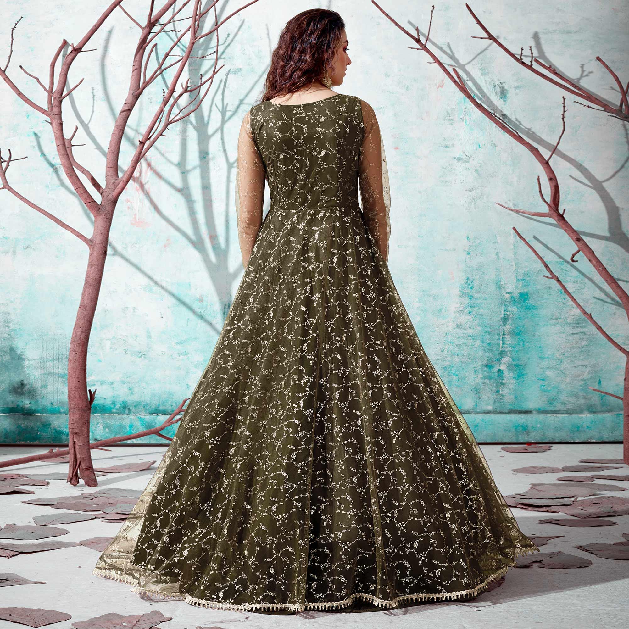 Olive Green Foil Printed Netted Gown - Peachmode