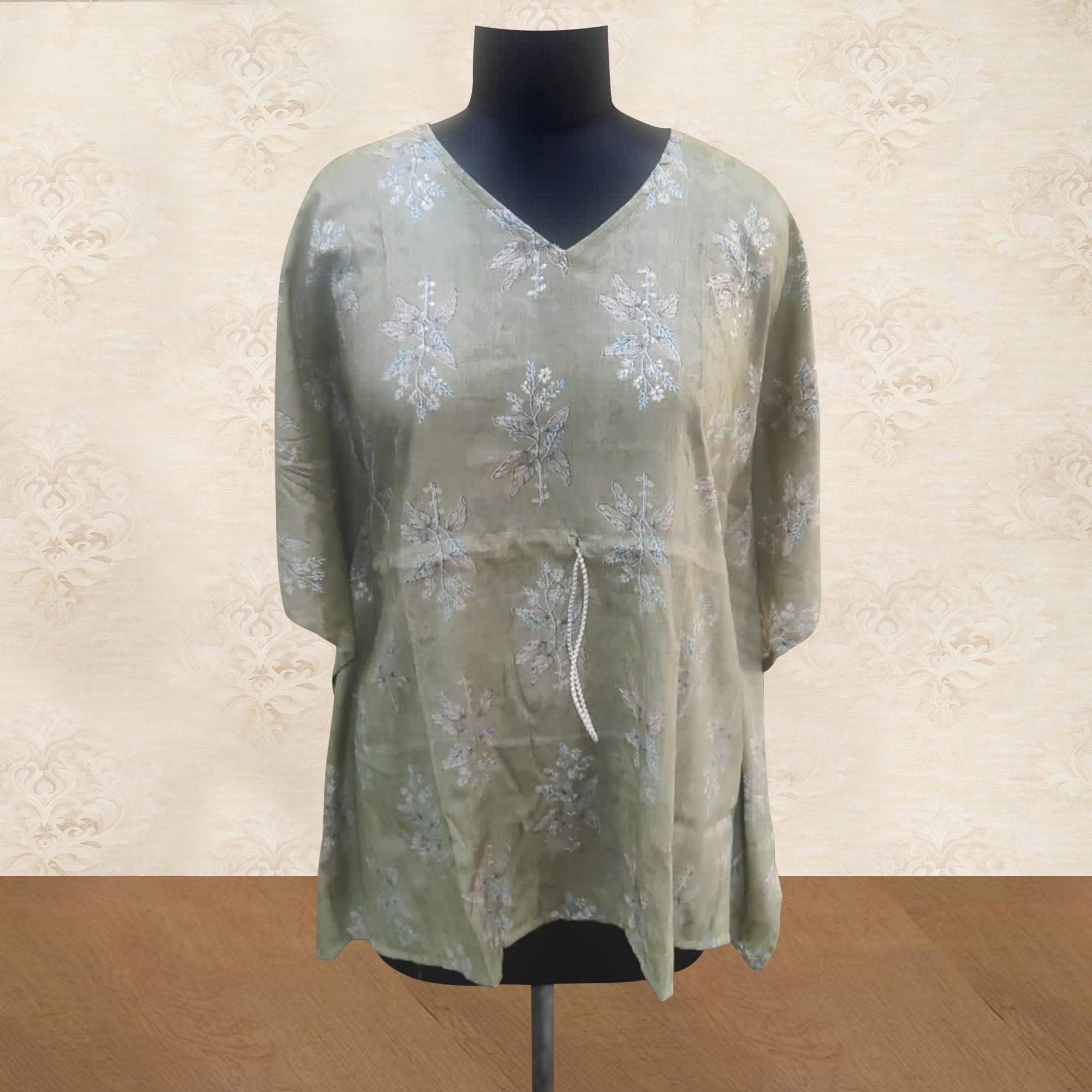 Olive Green Foil Printed Rayon Kaftan Style Top - Peachmode