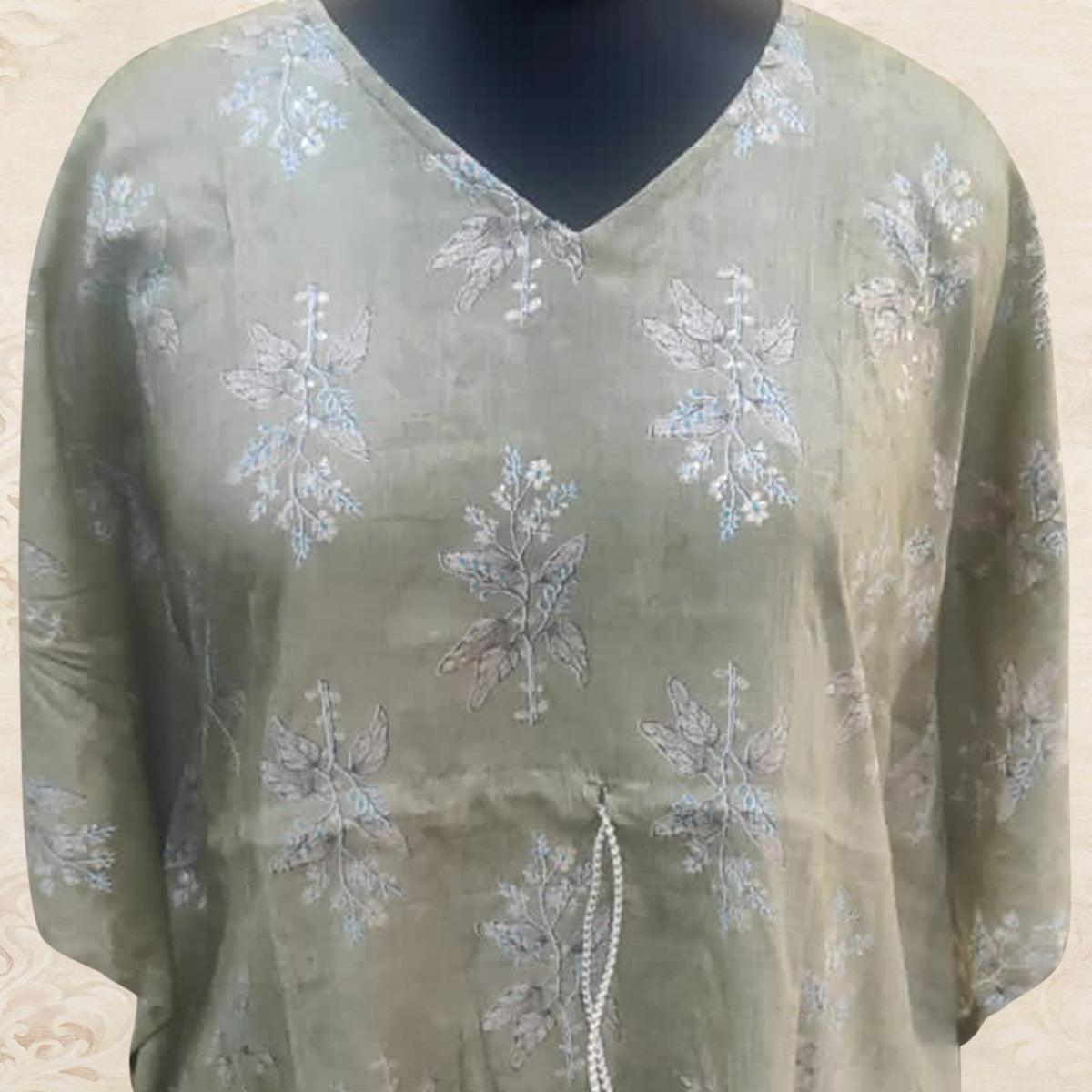 Olive Green Foil Printed Rayon Kaftan Style Top - Peachmode