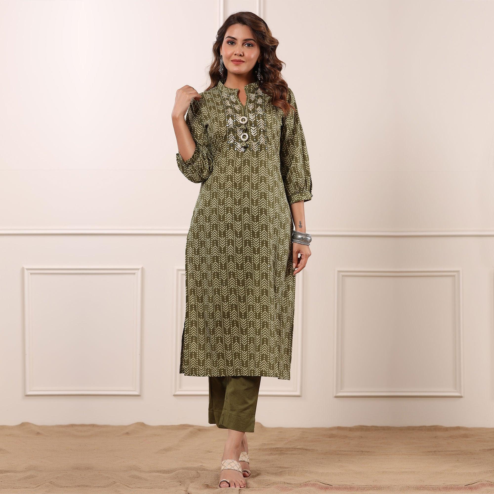 Olive Green Geometric Printed With Embroidered Pure Cotton Kurti Pant Set - Peachmode