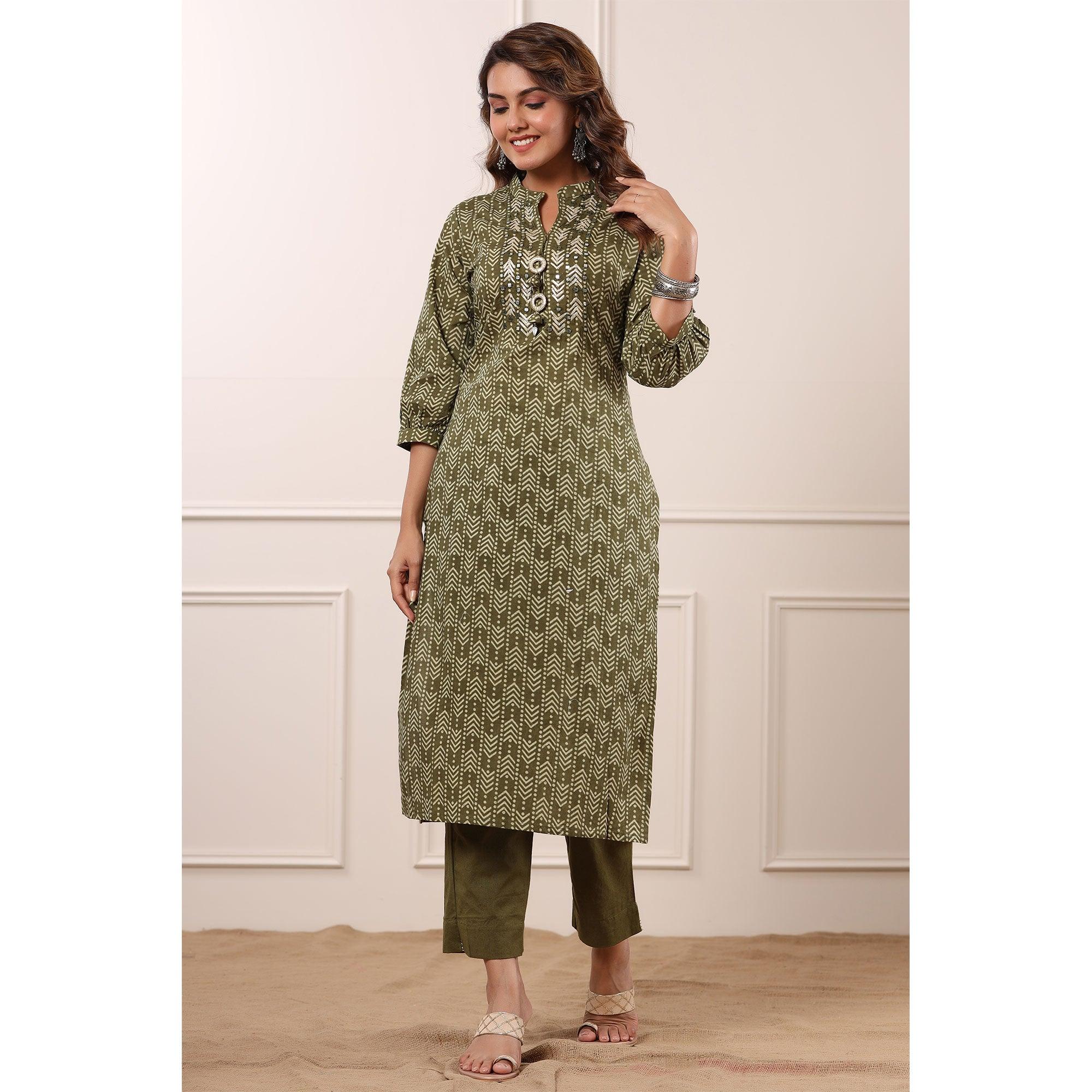 Olive Green Geometric Printed With Embroidered Pure Cotton Kurti Pant Set - Peachmode