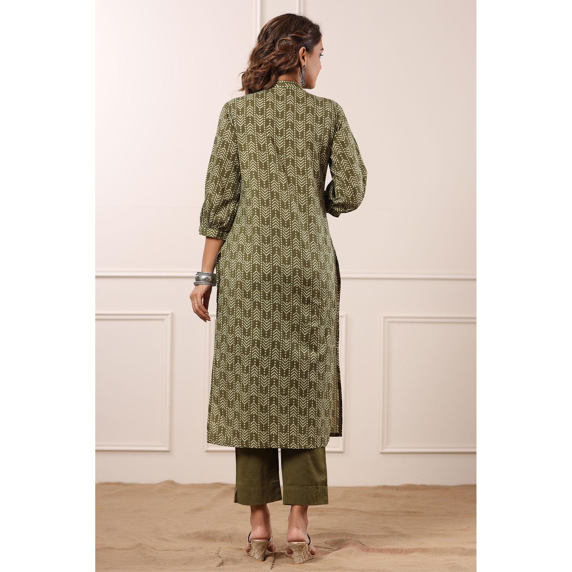 Olive Green Geometric Printed With Embroidered Pure Cotton Kurti Pant Set - Peachmode