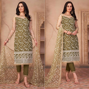 Olive Green Heavy Sequence Embroidered Net Partywear Suit - Peachmode