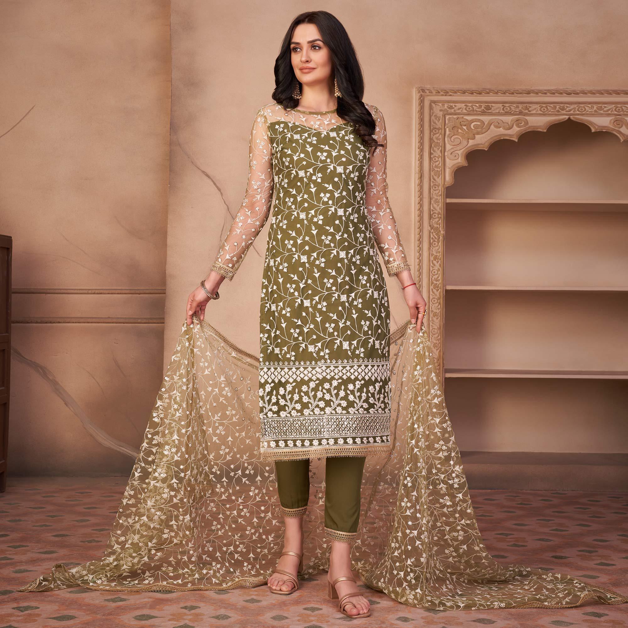 Olive Green Heavy Sequence Embroidered Net Partywear Suit - Peachmode