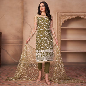 Olive Green Heavy Sequence Embroidered Net Partywear Suit - Peachmode