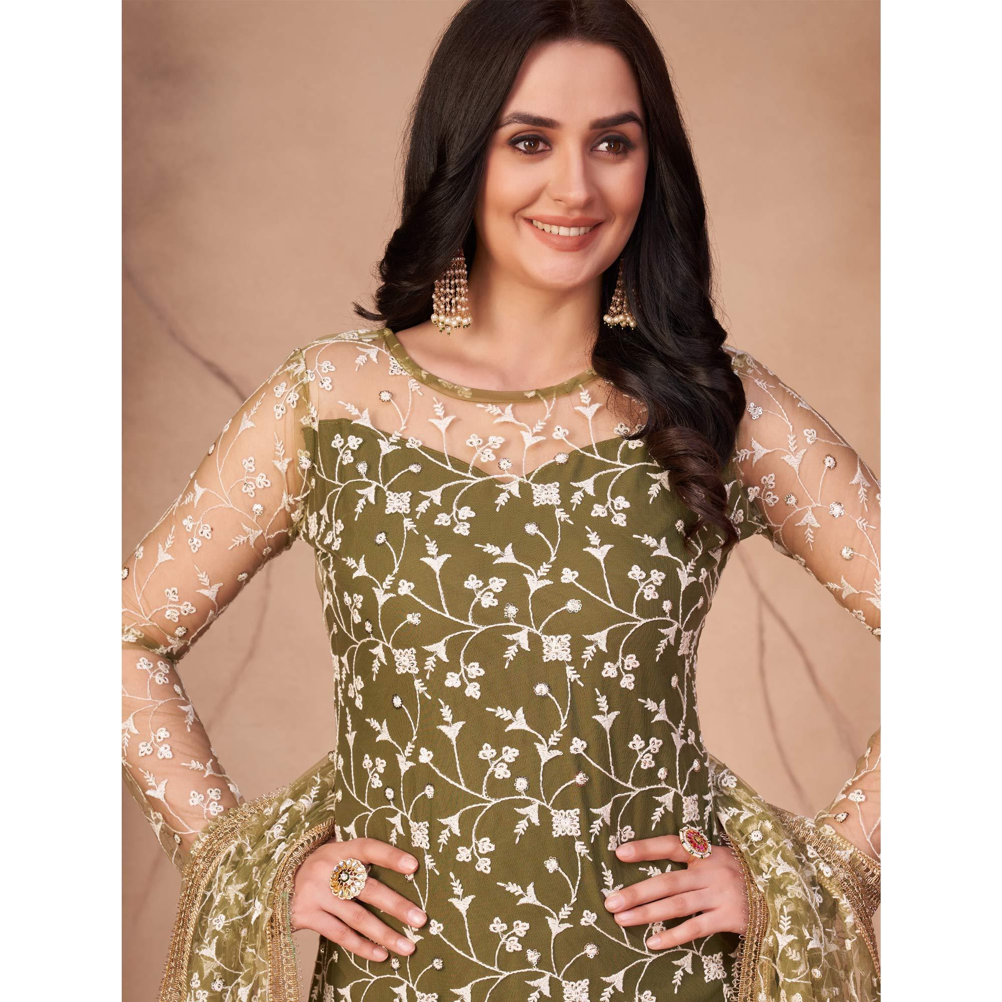 Olive Green Heavy Sequence Embroidered Net Partywear Suit - Peachmode