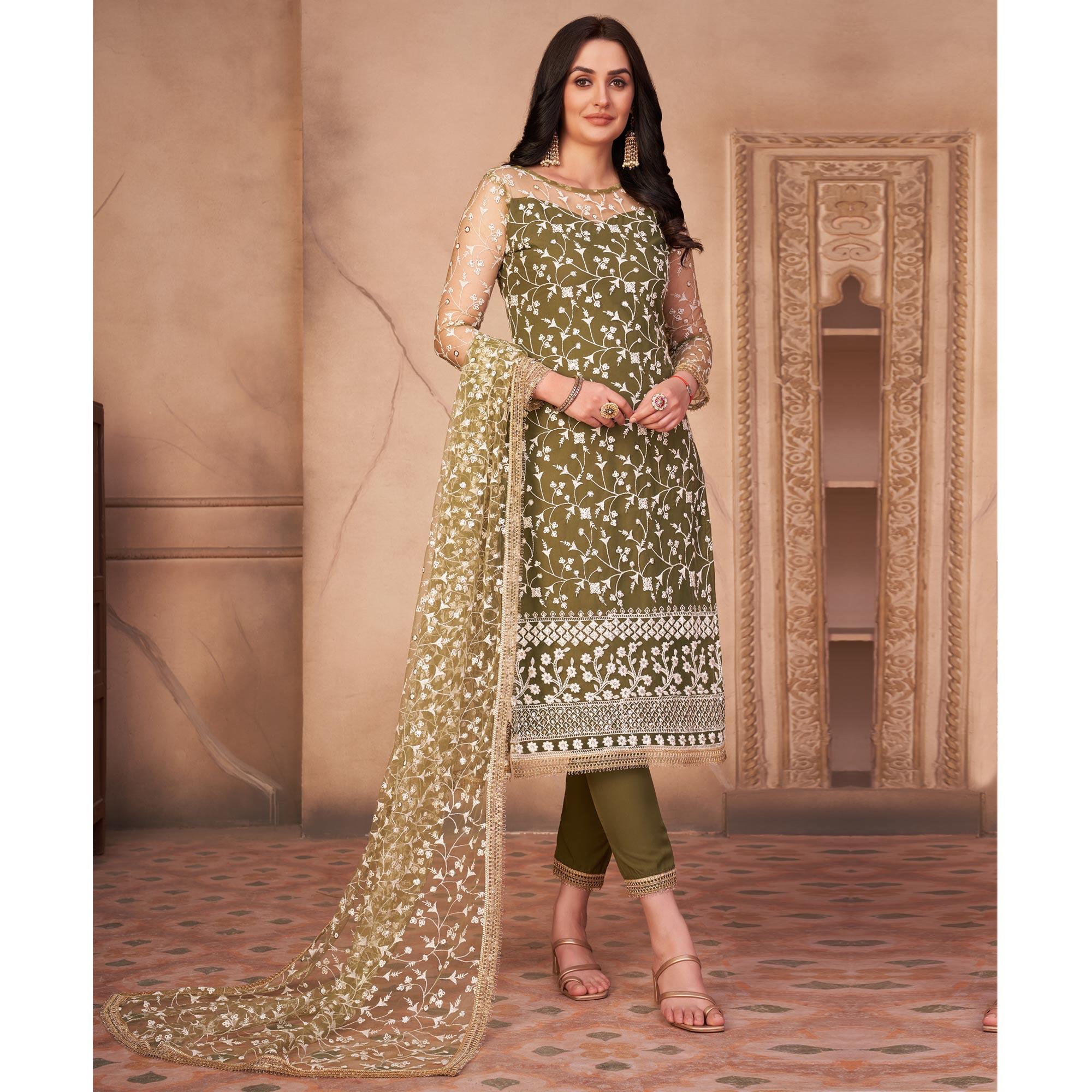 Olive Green Heavy Sequence Embroidered Net Partywear Suit - Peachmode