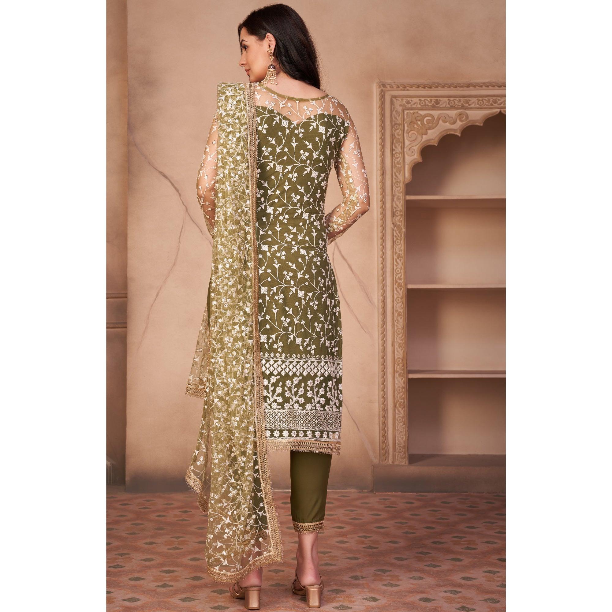 Olive Green Heavy Sequence Embroidered Net Partywear Suit - Peachmode