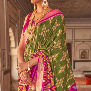 Olive Green Ikkat Printed-Woven Patola Art Silk Saree - Peachmode