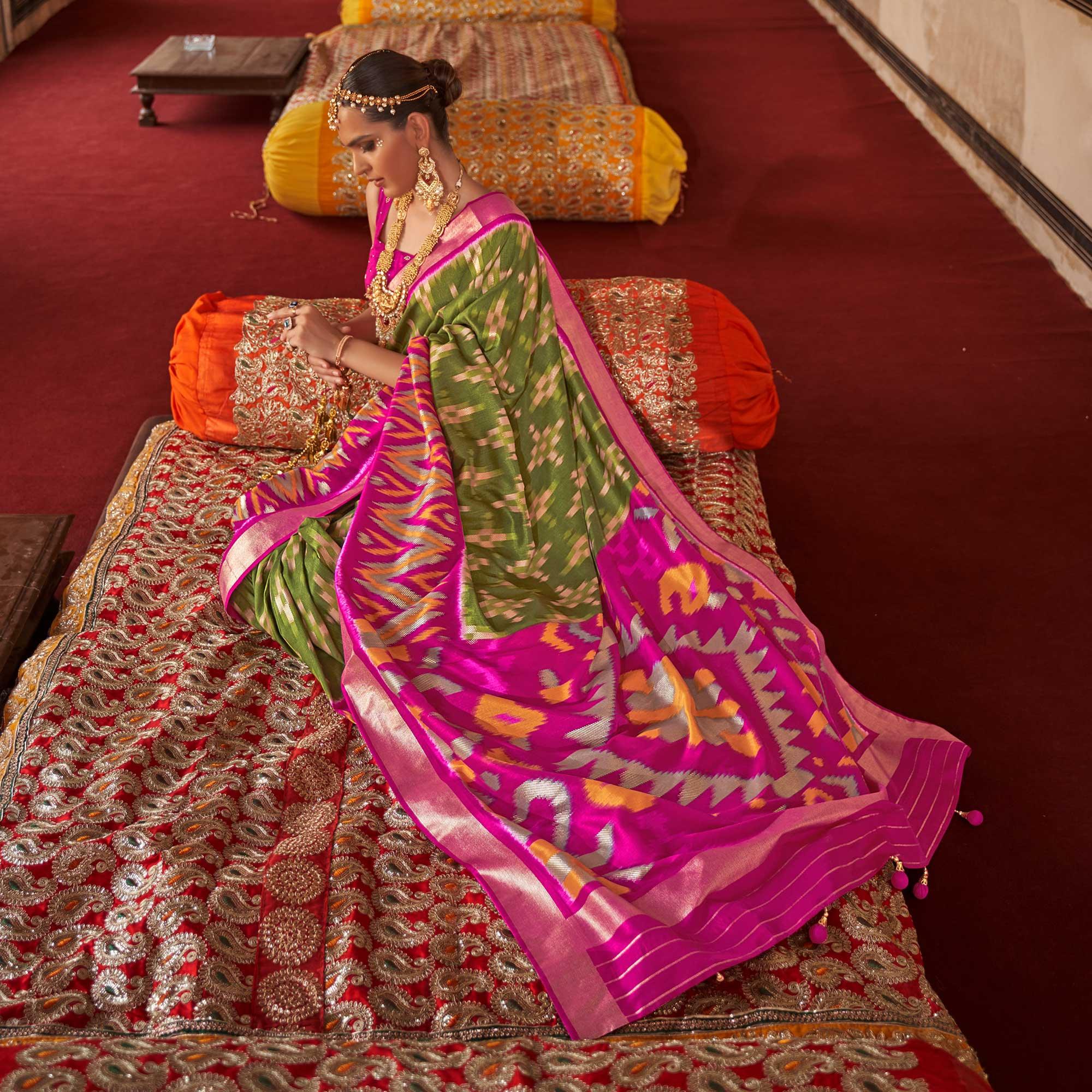 Olive Green Ikkat Printed-Woven Patola Art Silk Saree - Peachmode