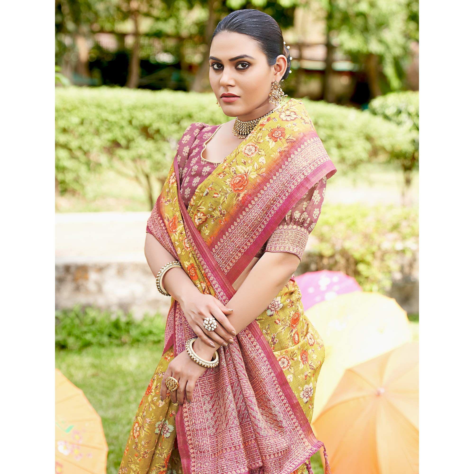 Olive Green Kalamkari Digital Printed Linen Saree With Tassels - Peachmode