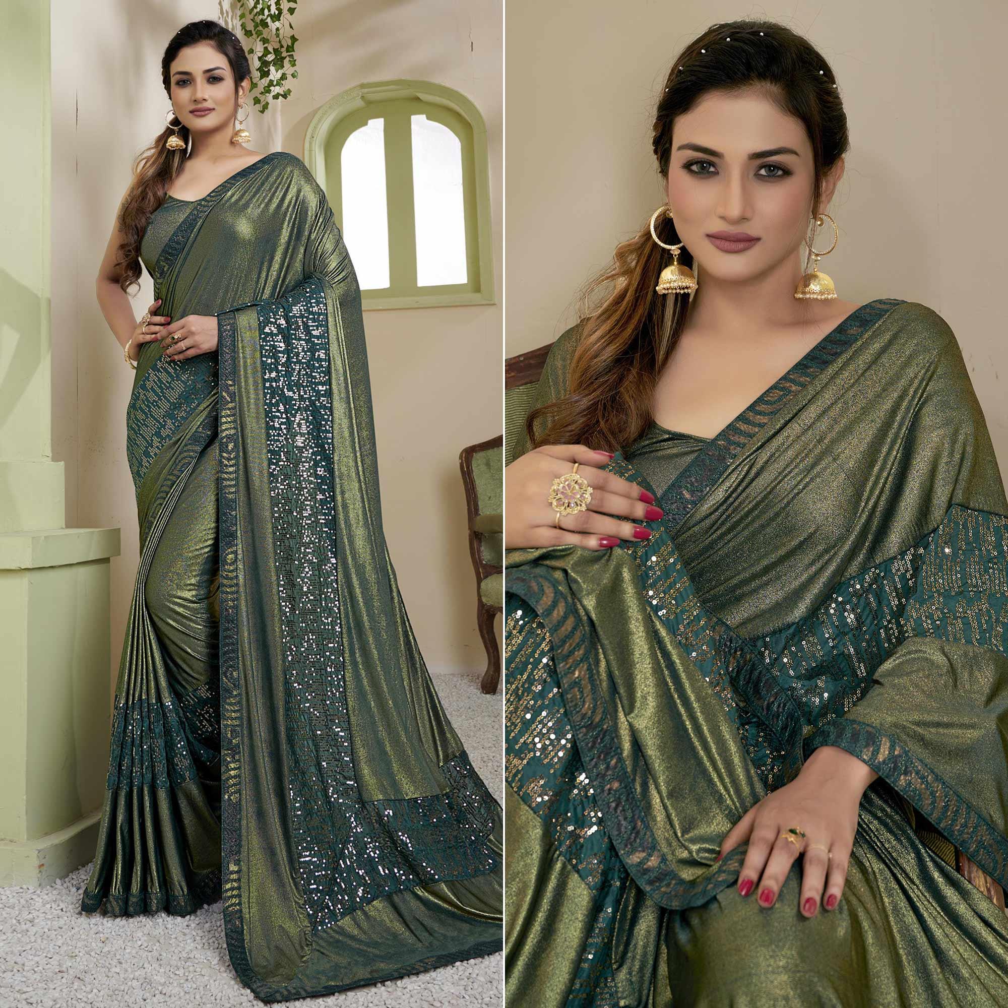Olive Green Party Wear Embellished Lycra Saree - Peachmode
