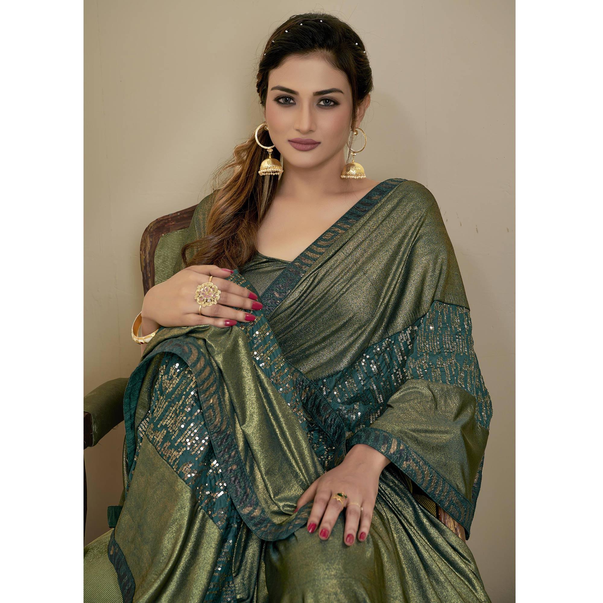 Olive Green Party Wear Embellished Lycra Saree - Peachmode