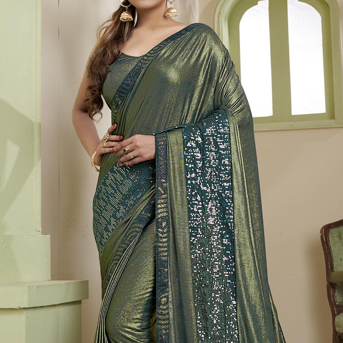 Olive Green Party Wear Embellished Lycra Saree - Peachmode
