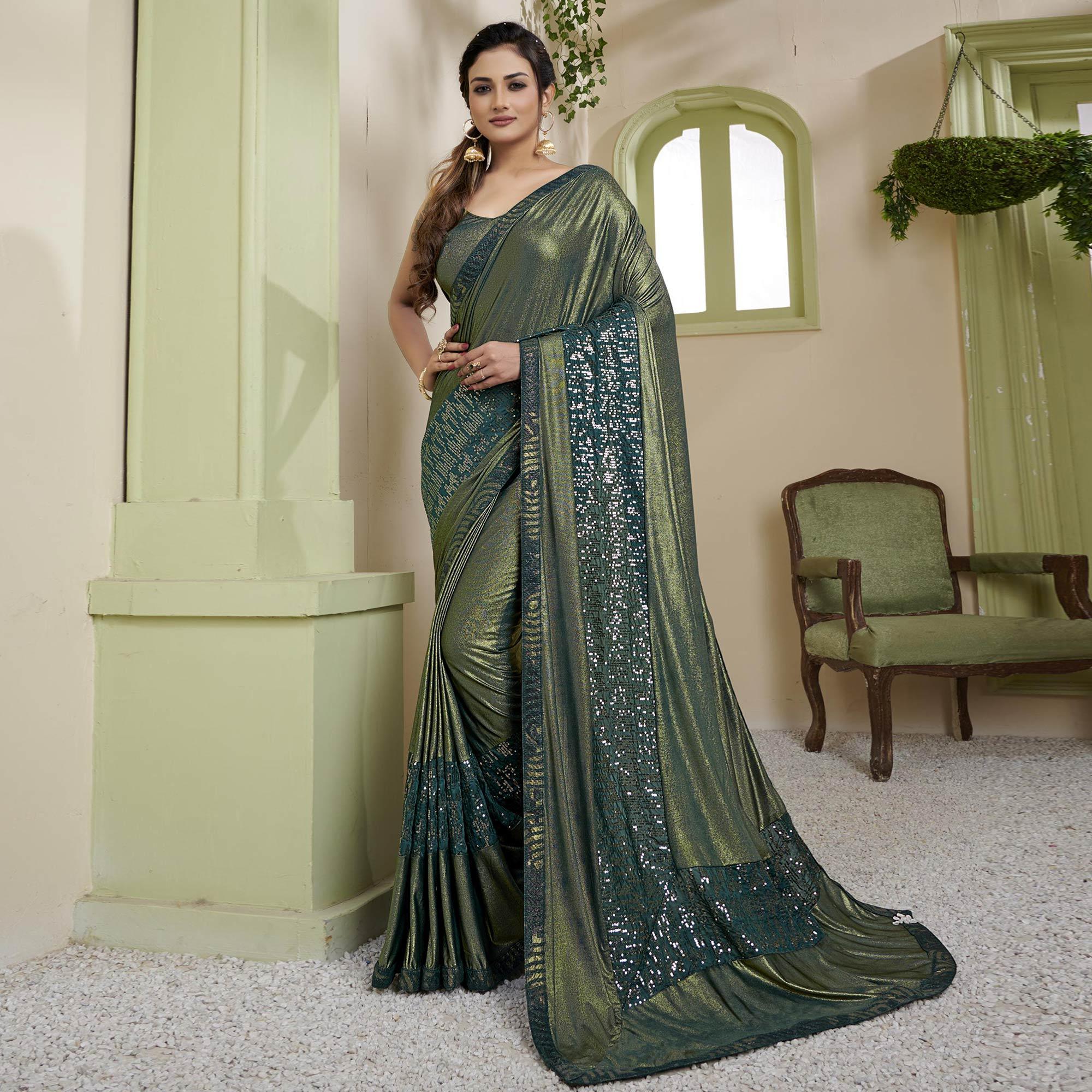 Olive Green Party Wear Embellished Lycra Saree - Peachmode