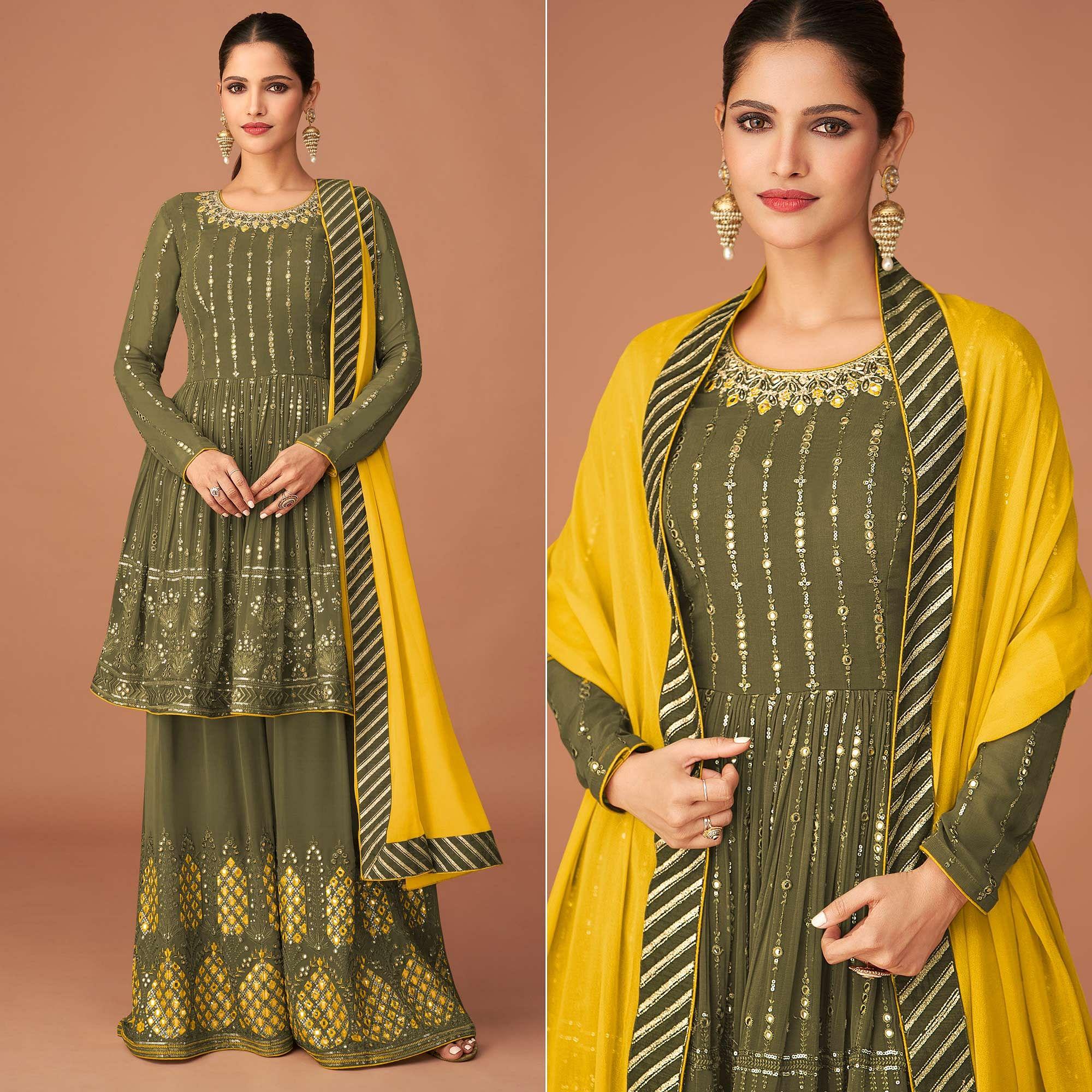 Olive Green Party Wear Embroidered Georgette Sharara Suit - Peachmode