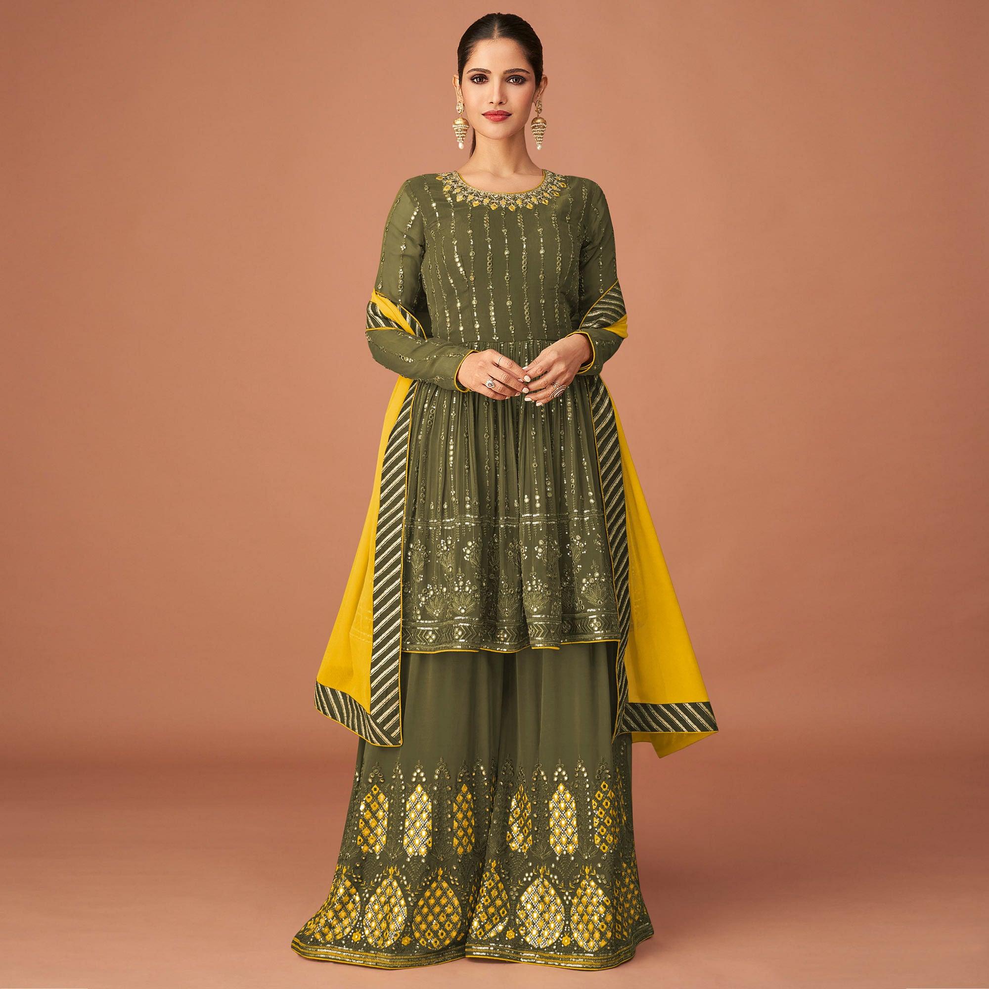 Olive Green Party Wear Embroidered Georgette Sharara Suit - Peachmode