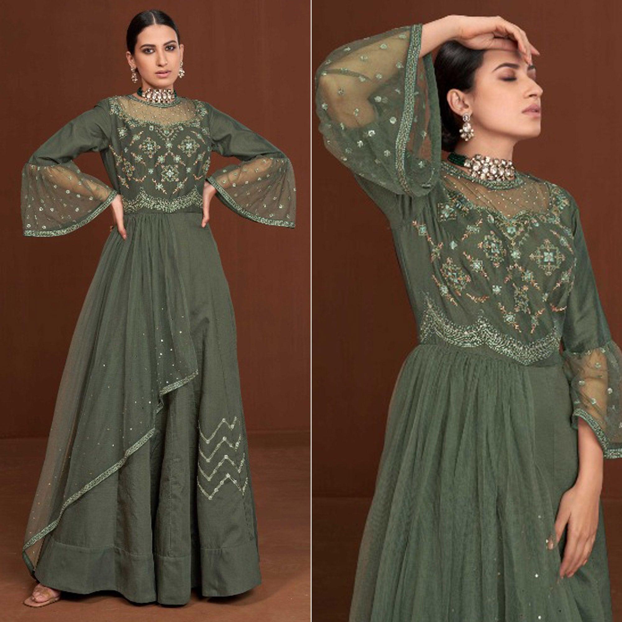 Olive Green Party Wear Embroidered Muslin Cotton Silk Gown - Peachmode