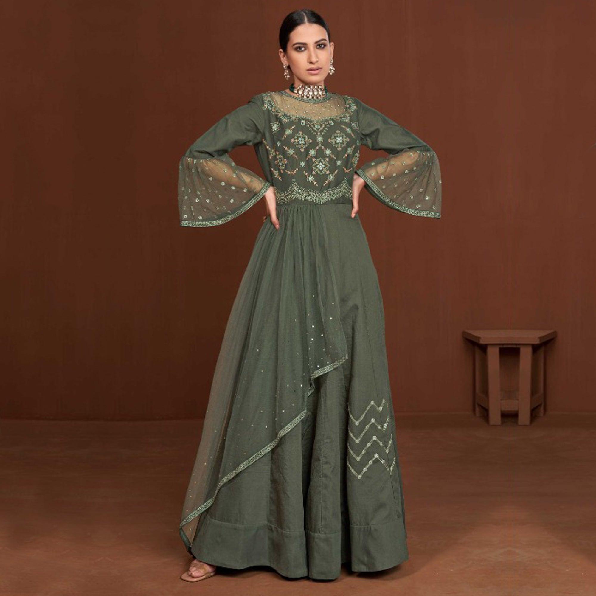 Olive Green Party Wear Embroidered Muslin Cotton Silk Gown - Peachmode