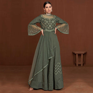 Olive Green Party Wear Embroidered Muslin Cotton Silk Gown - Peachmode