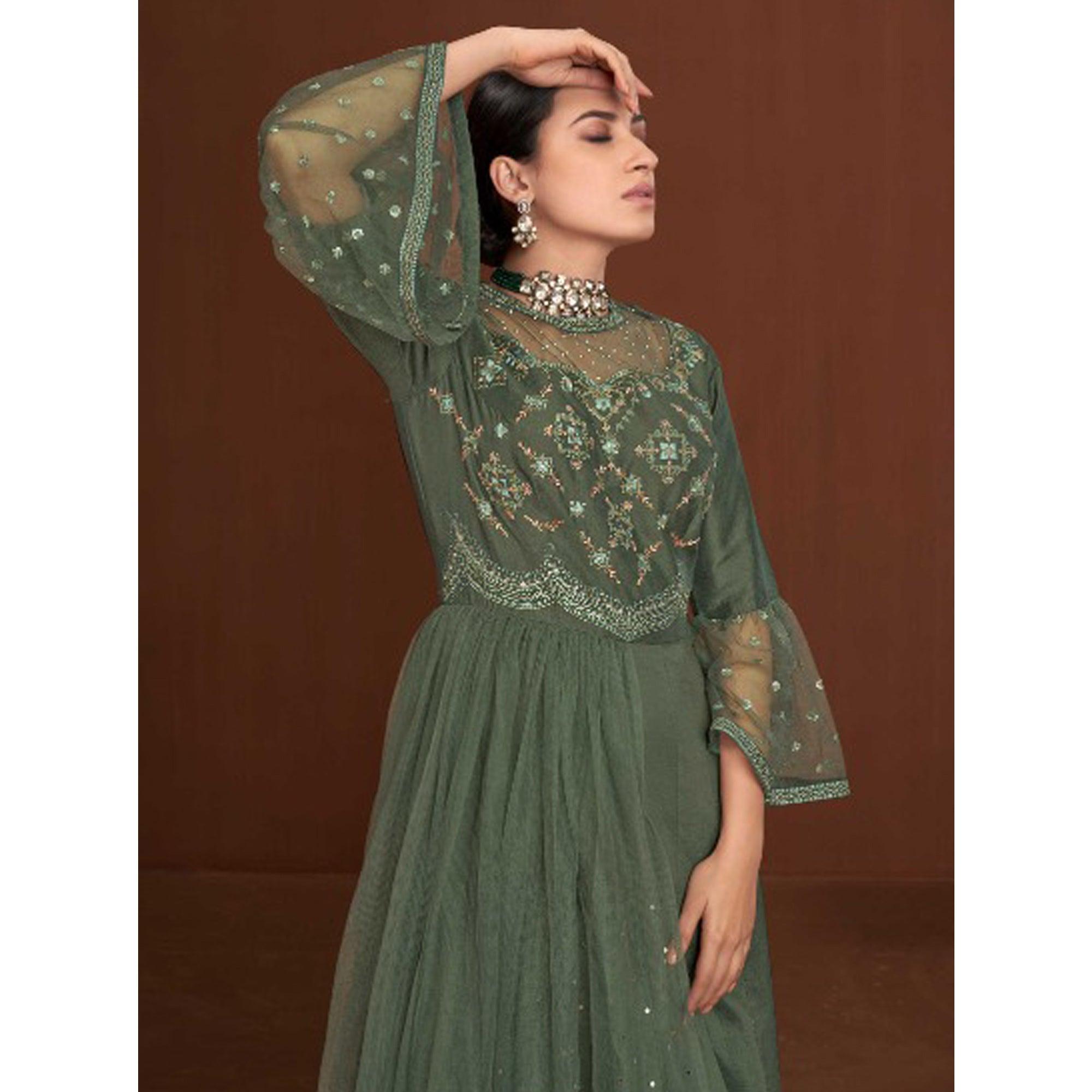 Olive Green Party Wear Embroidered Muslin Cotton Silk Gown - Peachmode