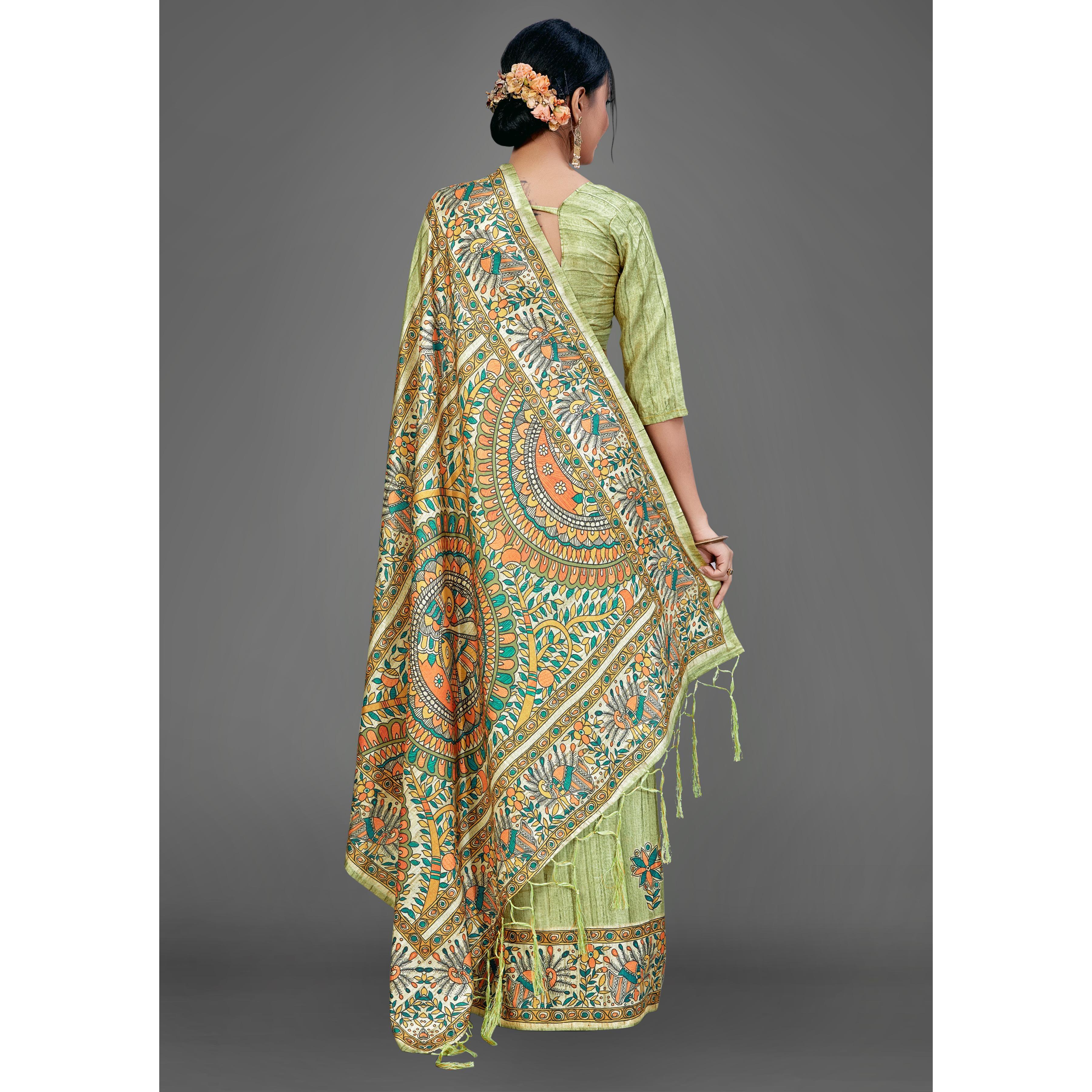 Olive Green Party Wear Silk Blend Floral-Animal Print Saree With Unstitched Blouse - Peachmode