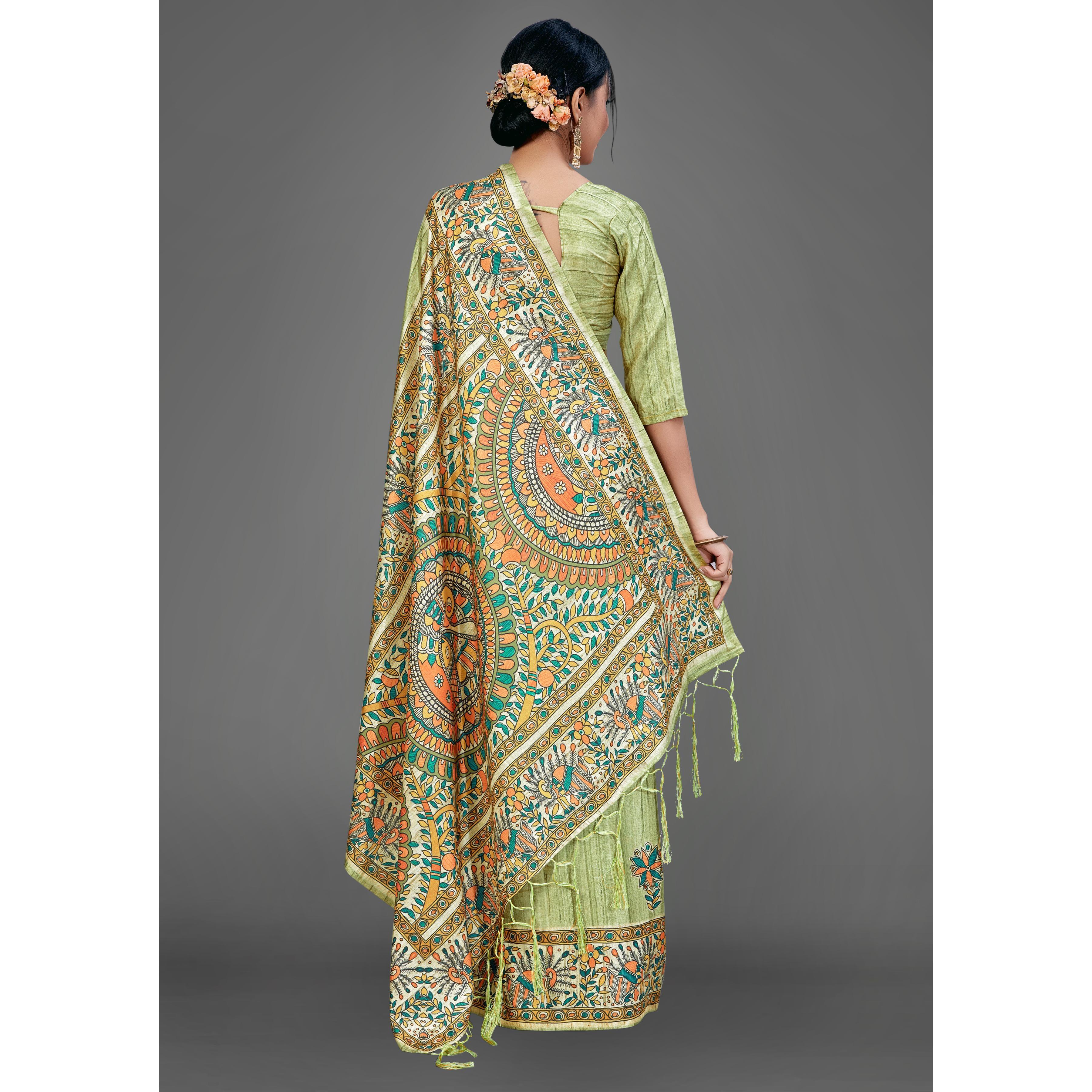 Olive Green Party Wear Silk Blend Floral-Animal Print Saree With Unstitched Blouse - Peachmode
