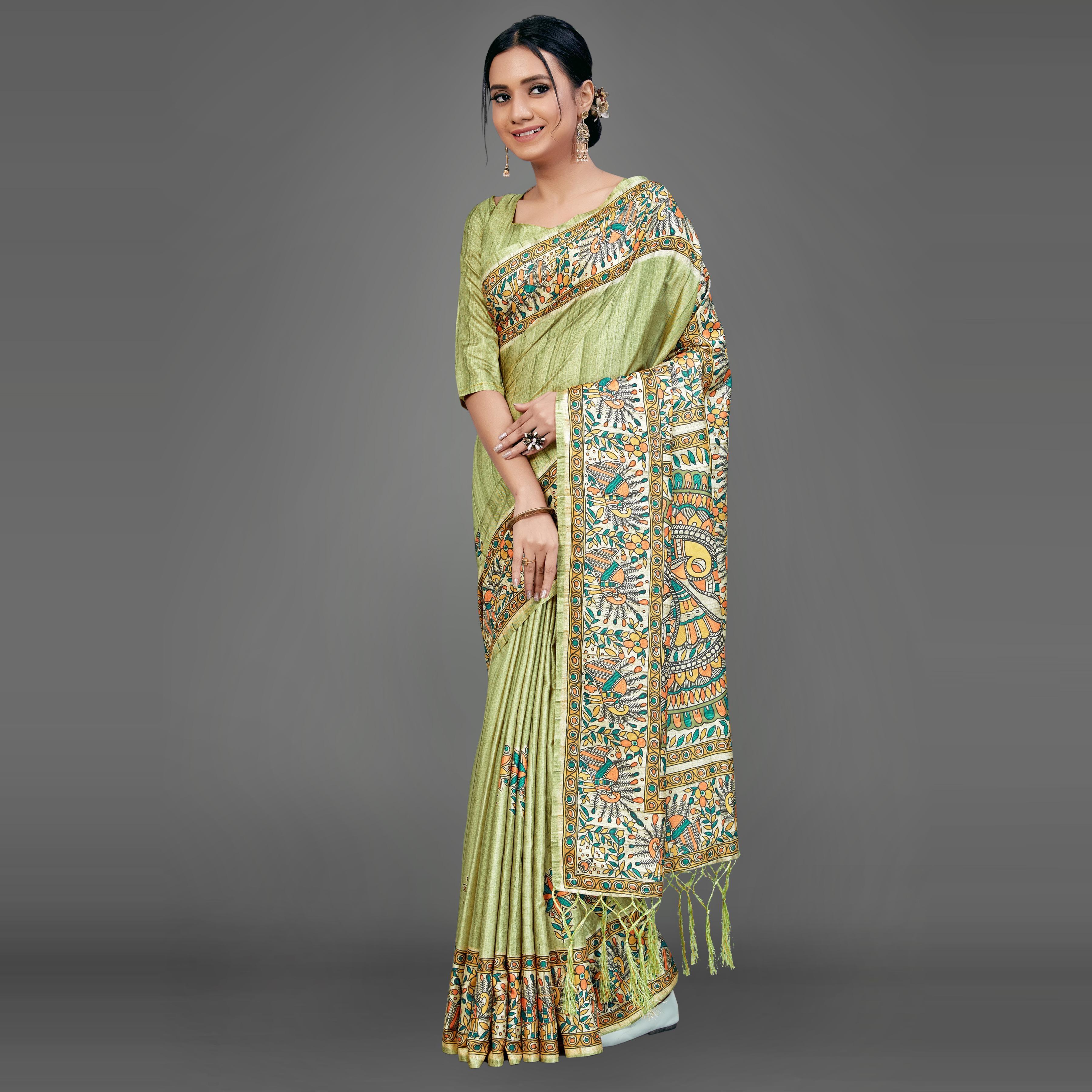 Olive Green Party Wear Silk Blend Floral-Animal Print Saree With Unstitched Blouse - Peachmode
