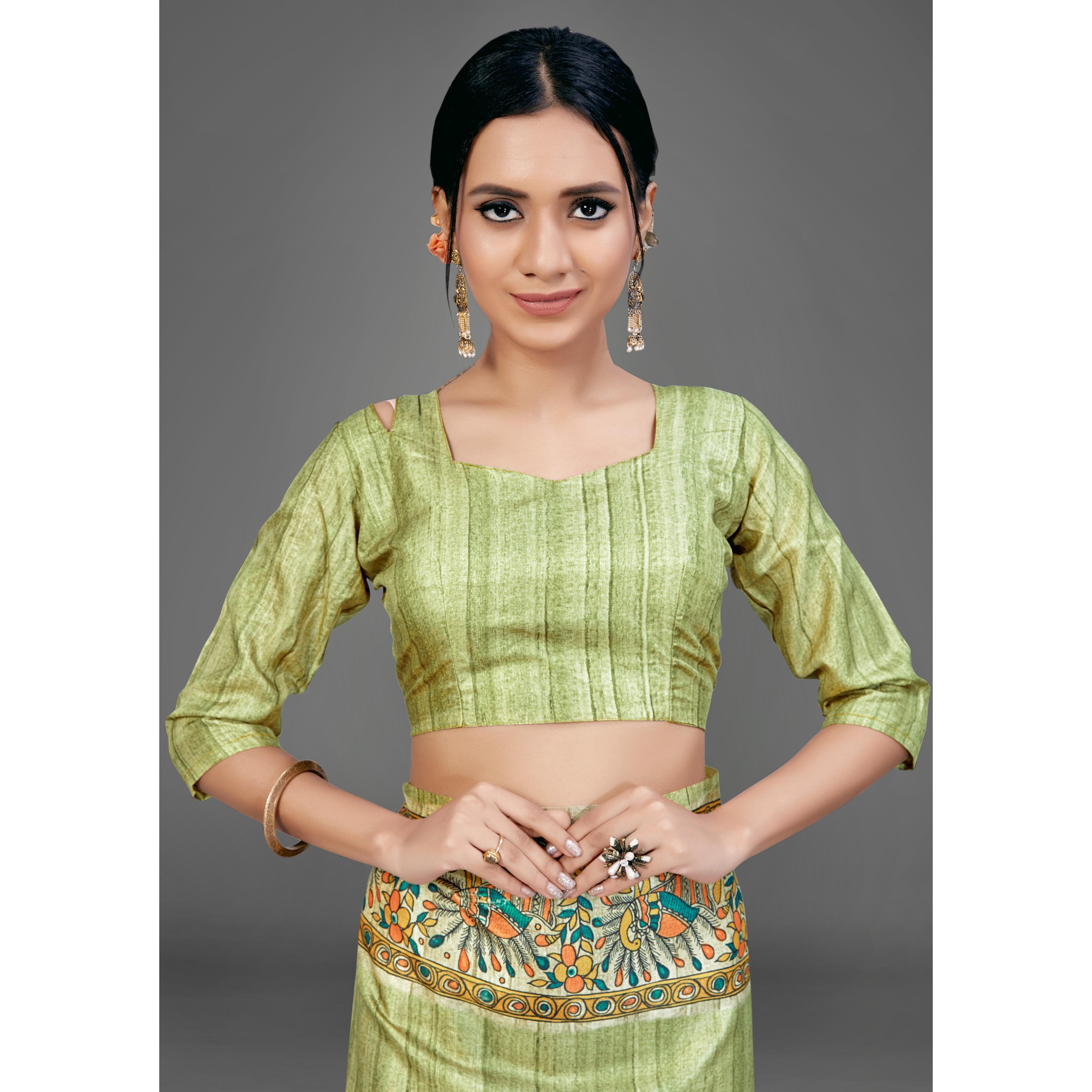 Olive Green Party Wear Silk Blend Floral-Animal Print Saree With Unstitched Blouse - Peachmode