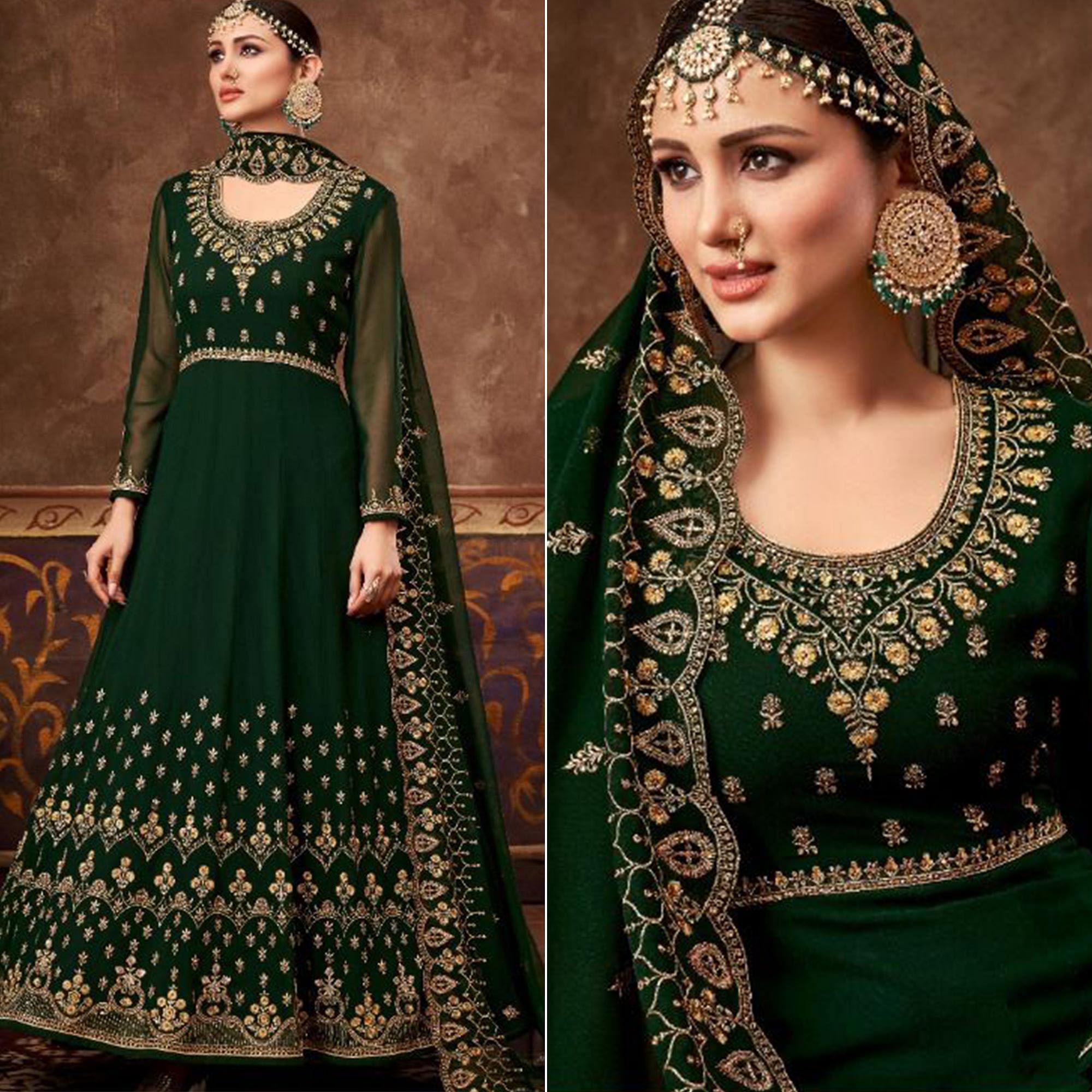Olive Green Partywear Embroidered Georgette Anarkali Suit - Peachmode