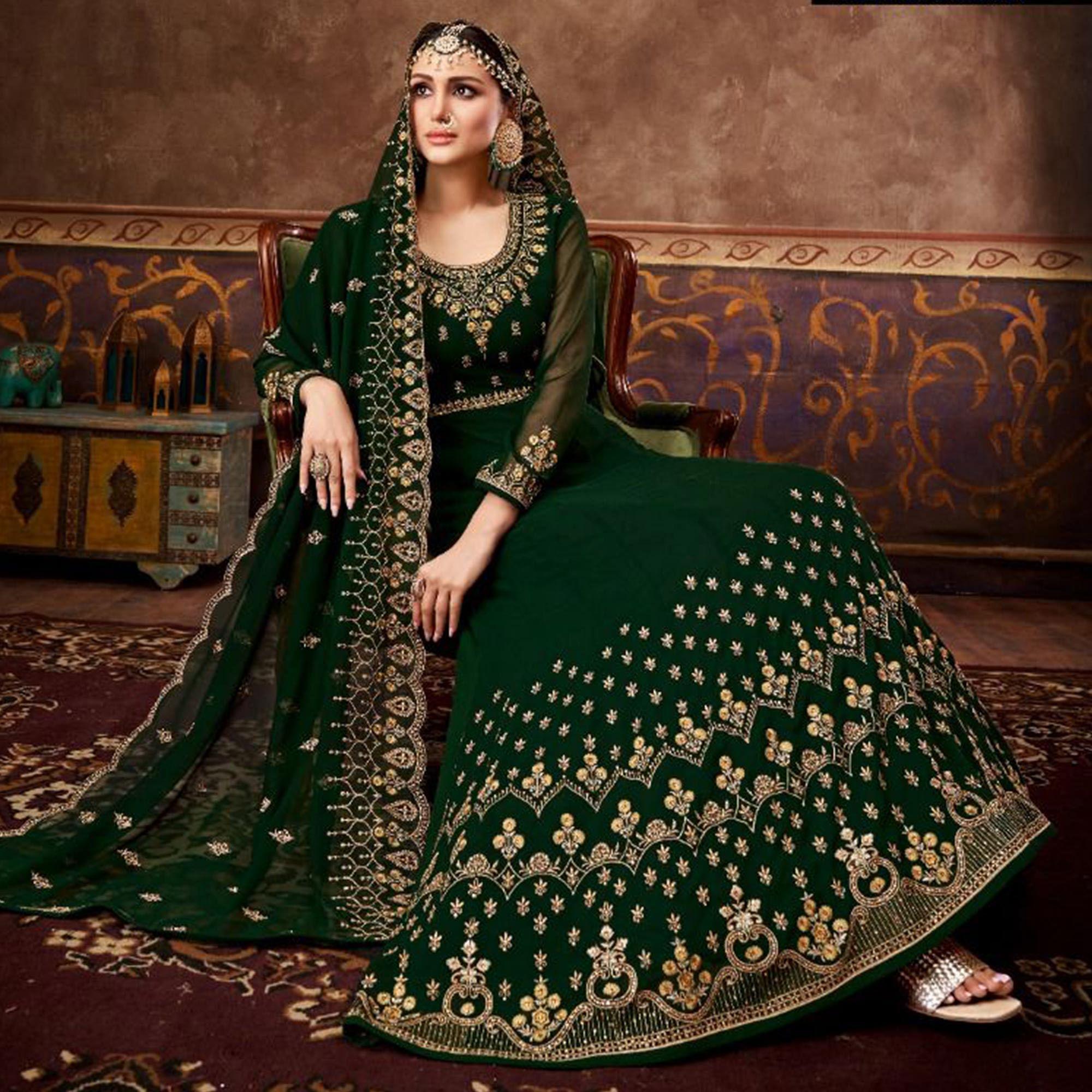 Olive Green Partywear Embroidered Georgette Anarkali Suit - Peachmode