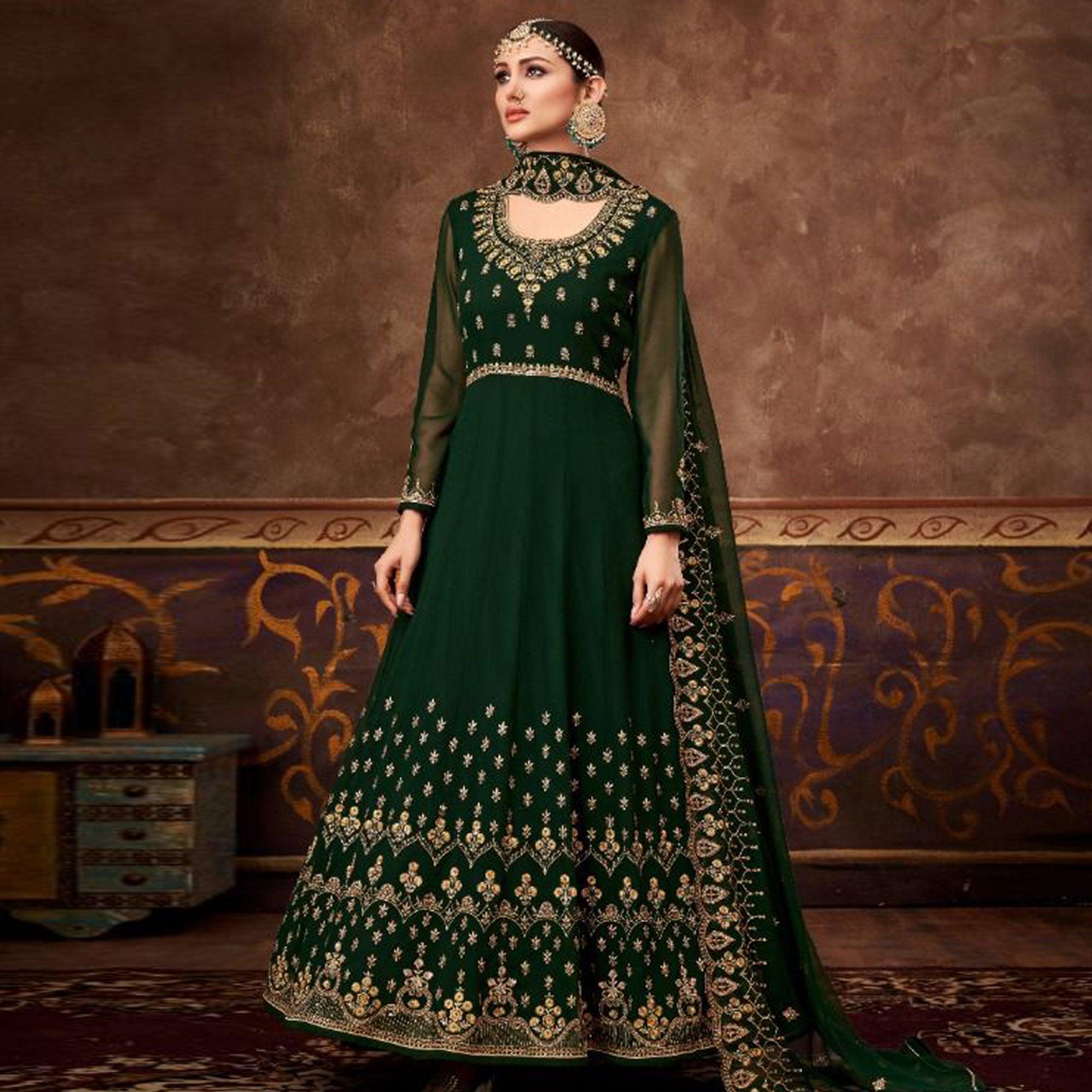 Olive Green Partywear Embroidered Georgette Anarkali Suit - Peachmode