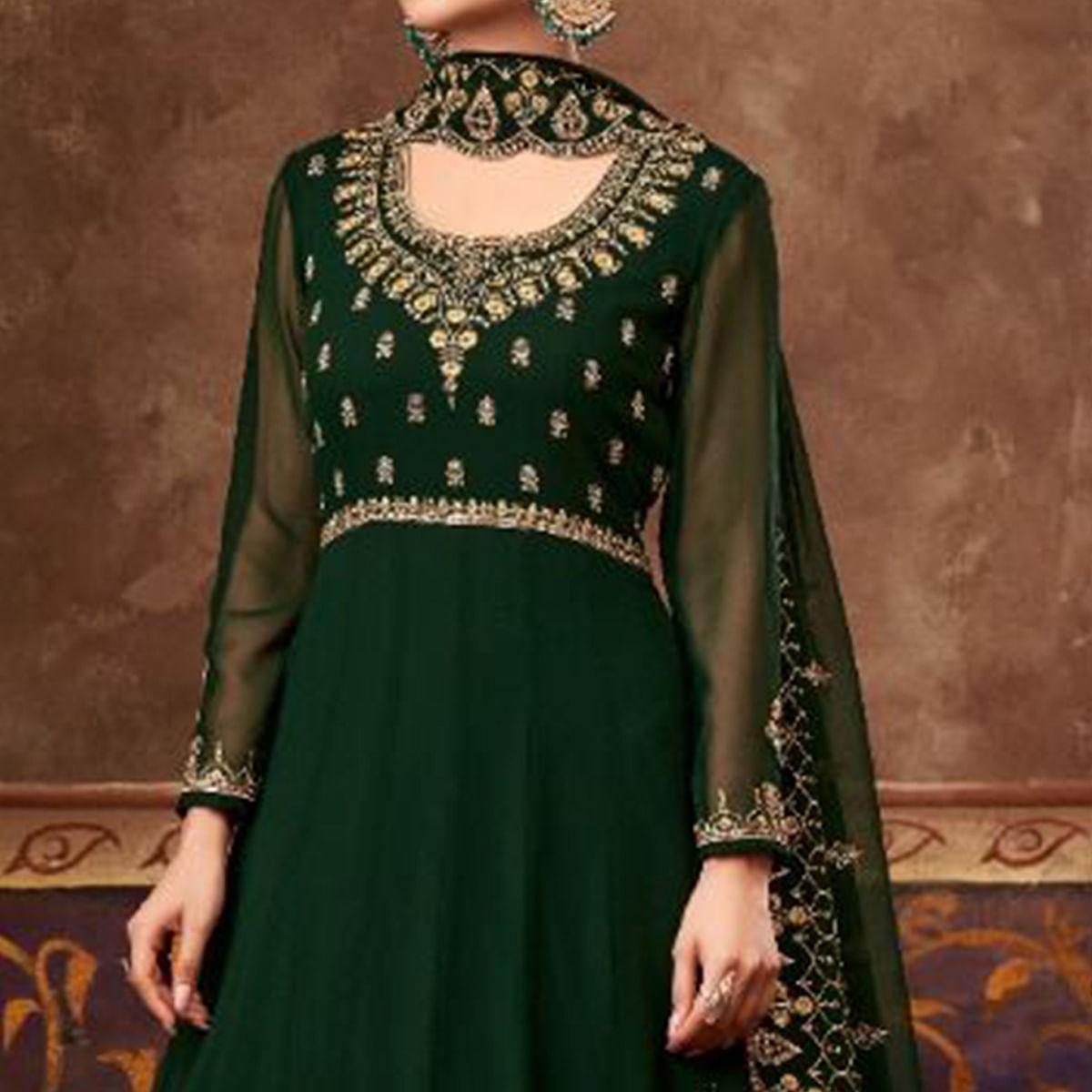 Olive Green Partywear Embroidered Georgette Anarkali Suit - Peachmode