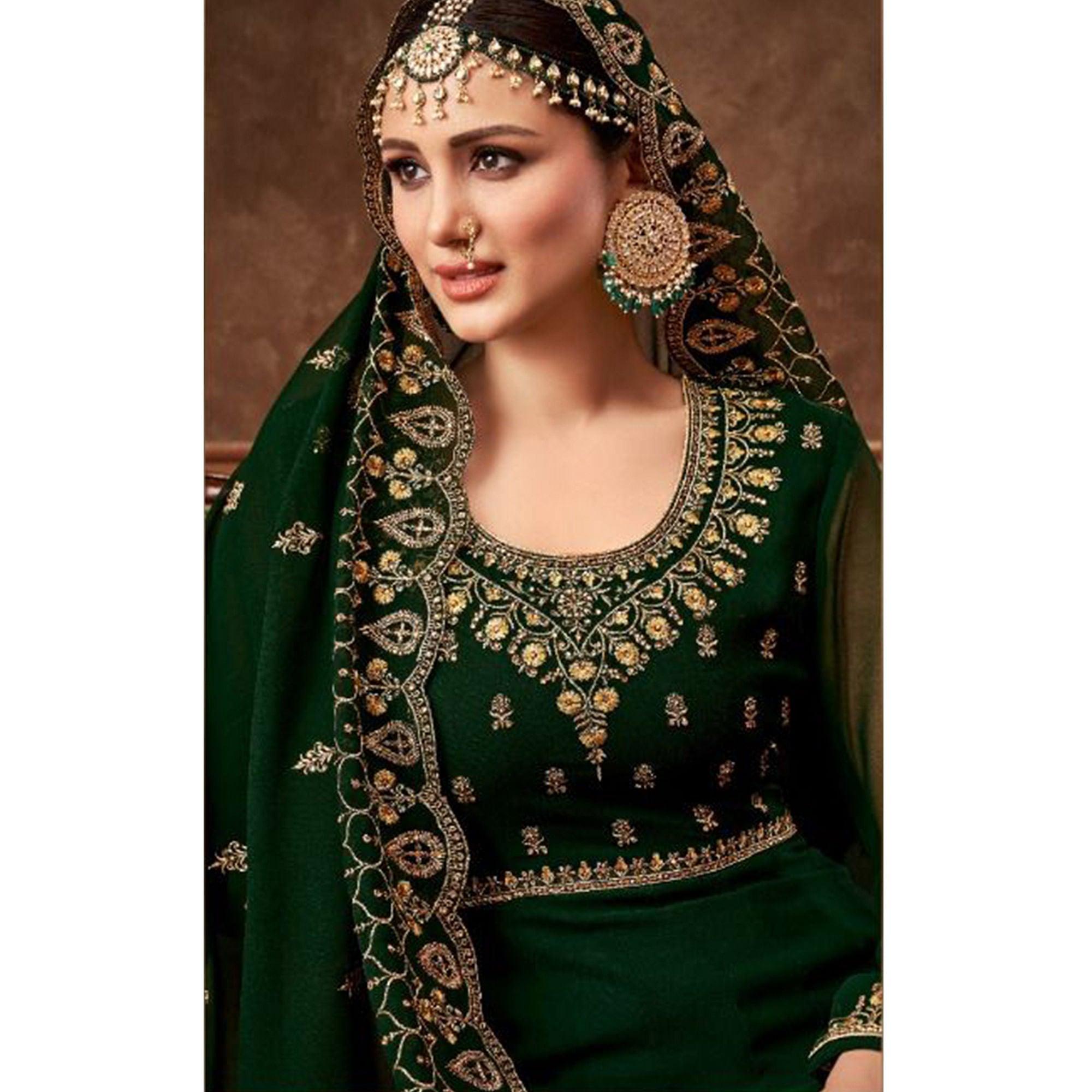 Olive Green Partywear Embroidered Georgette Anarkali Suit - Peachmode