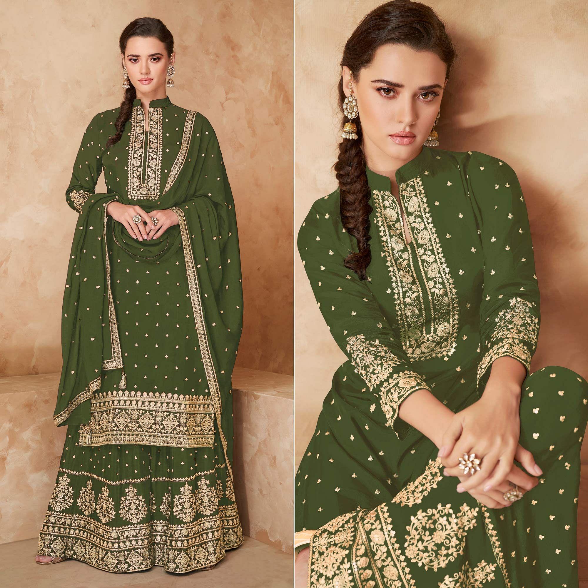Olive Green Partywear Embroidered Georgette Palazzo Suit - Peachmode