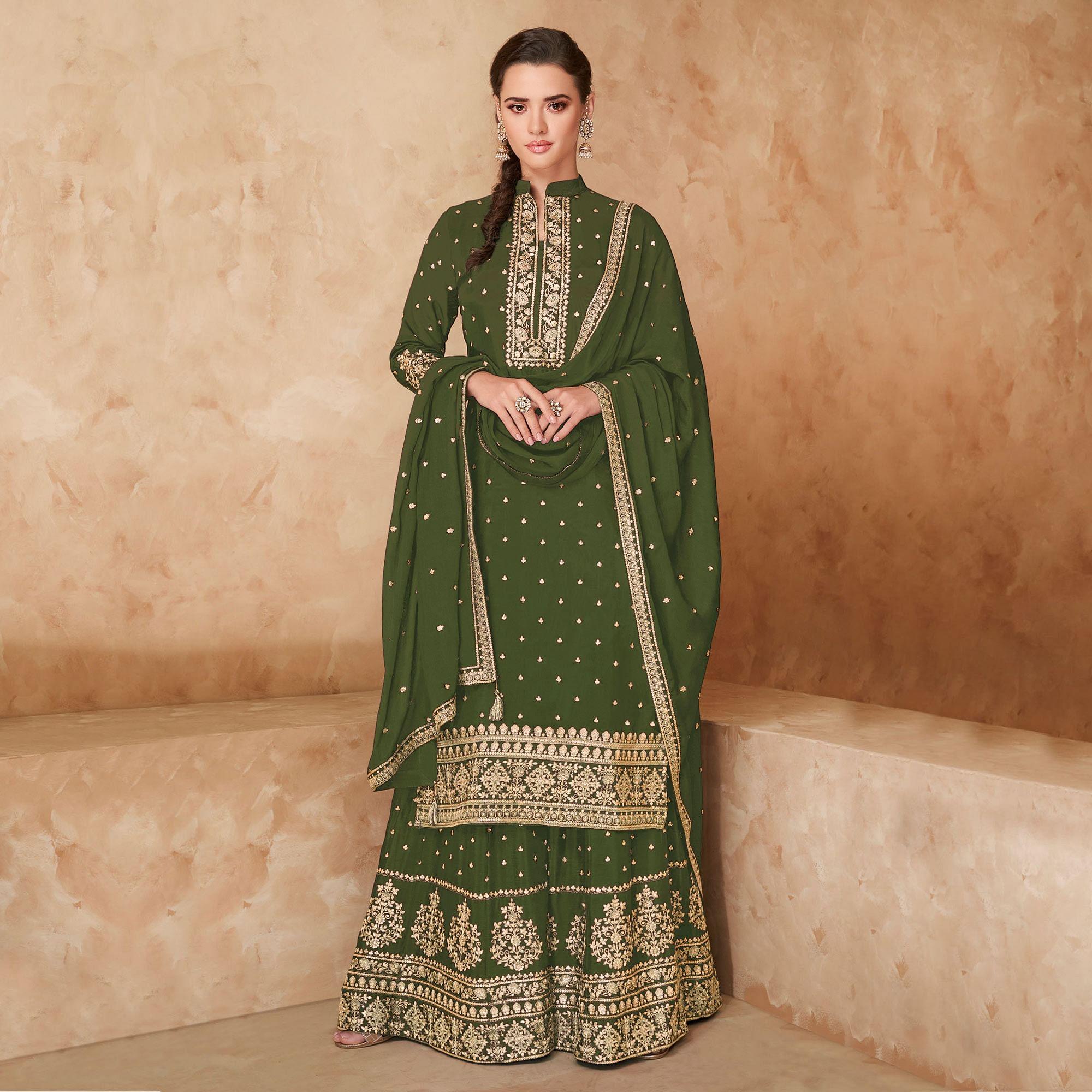 Olive Green Partywear Embroidered Georgette Palazzo Suit - Peachmode