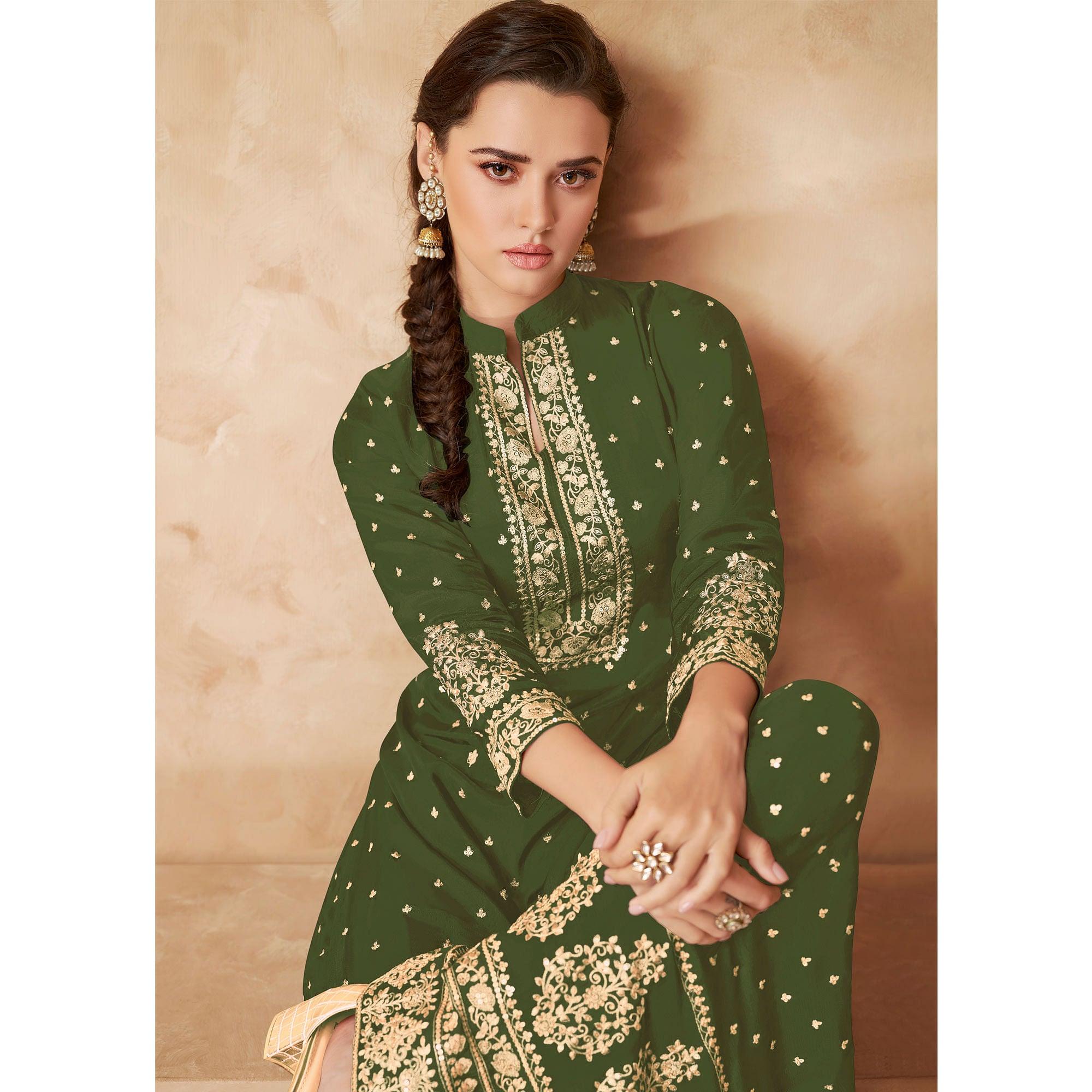 Olive Green Partywear Embroidered Georgette Palazzo Suit - Peachmode