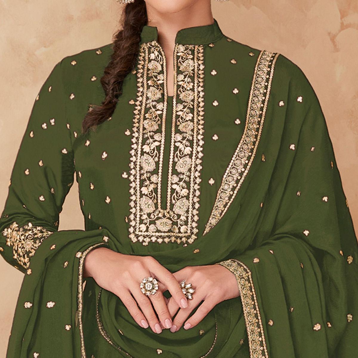 Olive Green Partywear Embroidered Georgette Palazzo Suit - Peachmode
