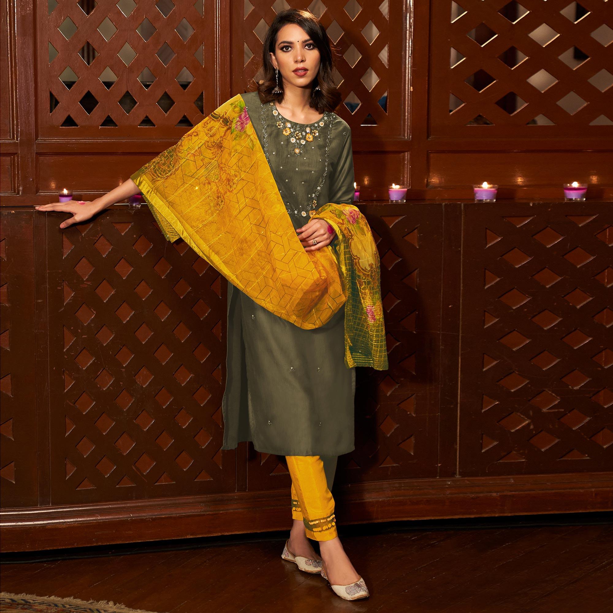 Olive Green Partywear Embroidered Pure Viscose Silk Suit - Peachmode