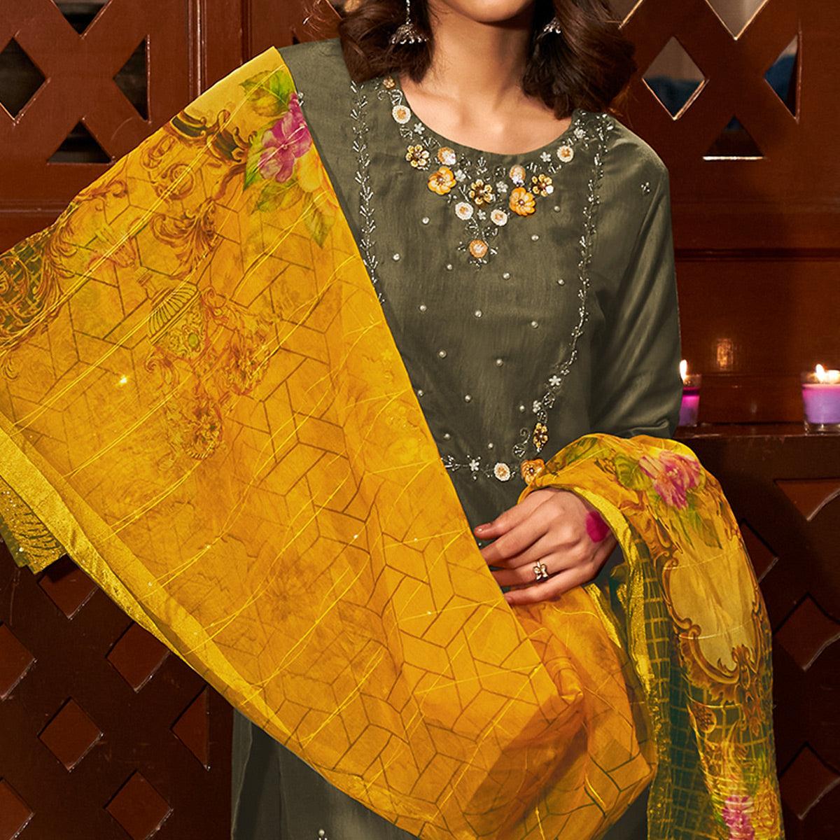 Olive Green Partywear Embroidered Pure Viscose Silk Suit - Peachmode