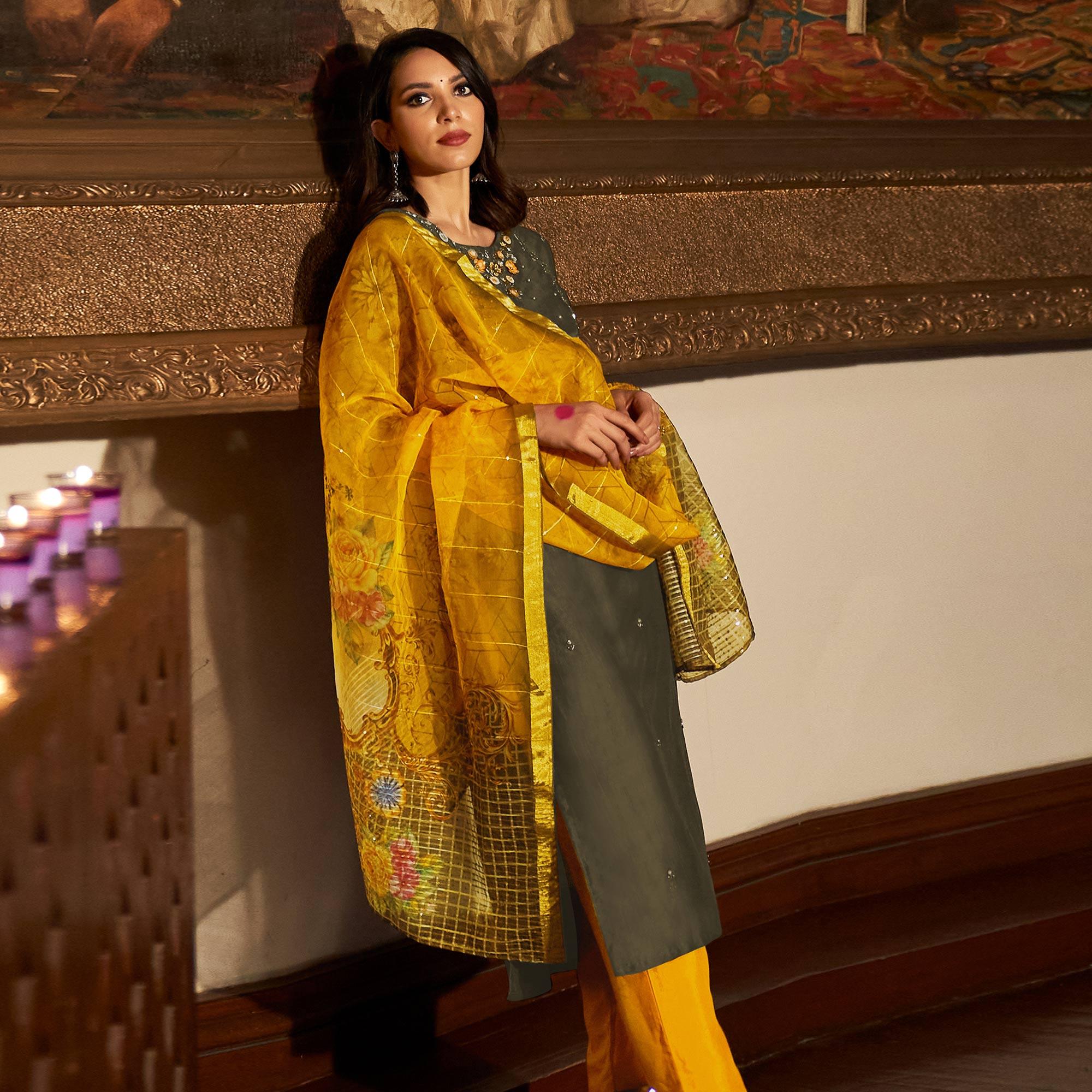 Olive Green Partywear Embroidered Pure Viscose Silk Suit - Peachmode