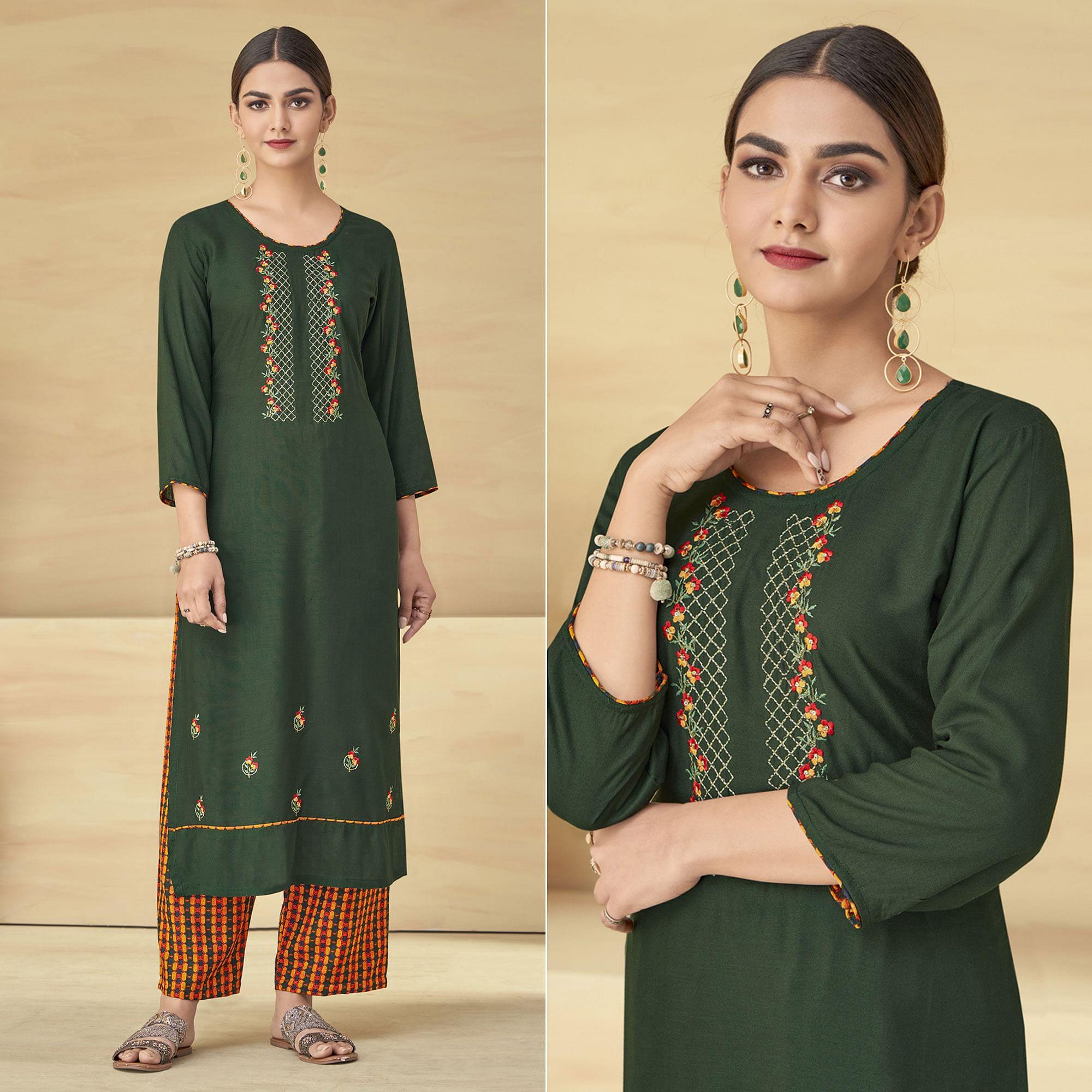 Olive Green Partywear Floral Embroidered Rayon Kurti Palazzo Set - Peachmode