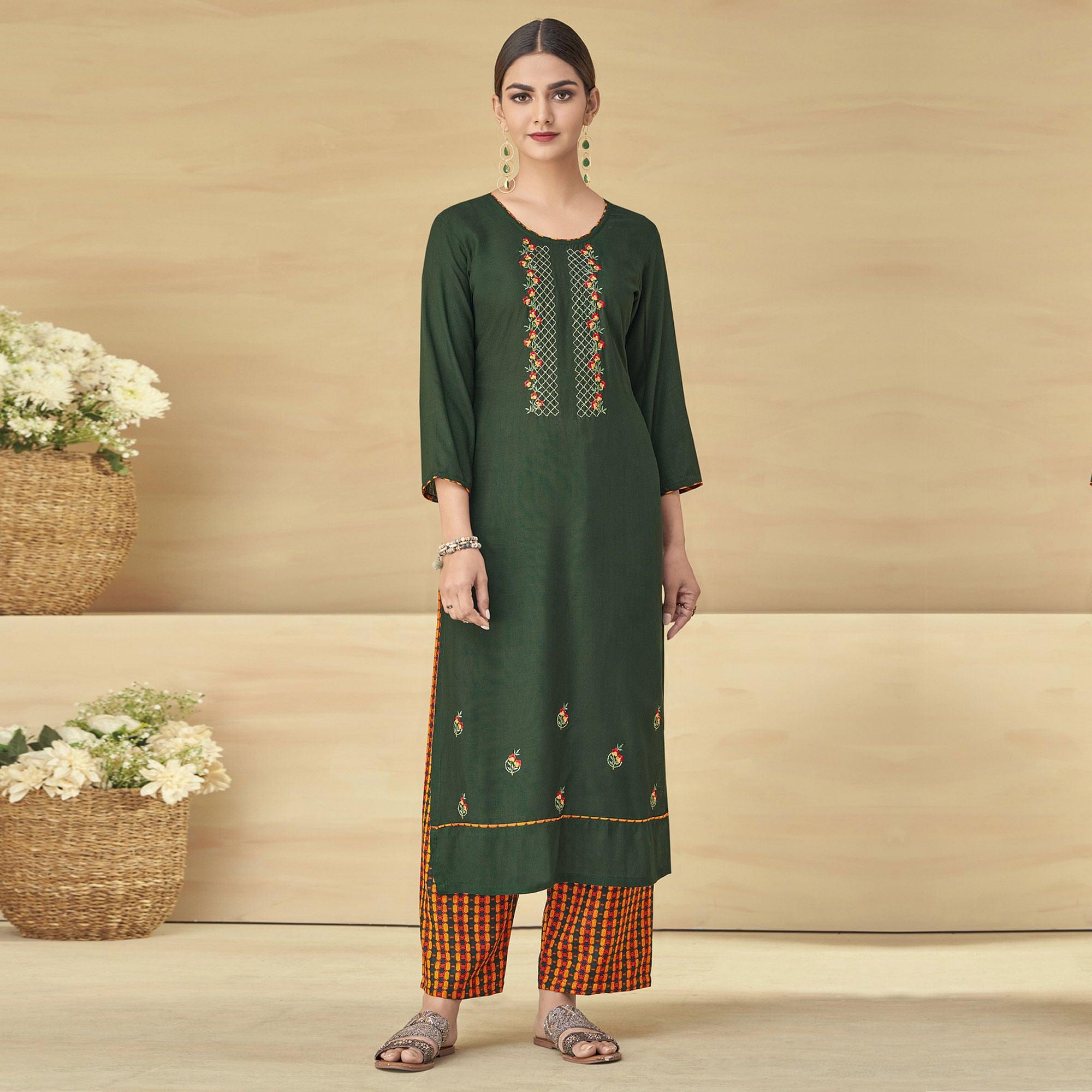 Olive Green Partywear Floral Embroidered Rayon Kurti Palazzo Set - Peachmode