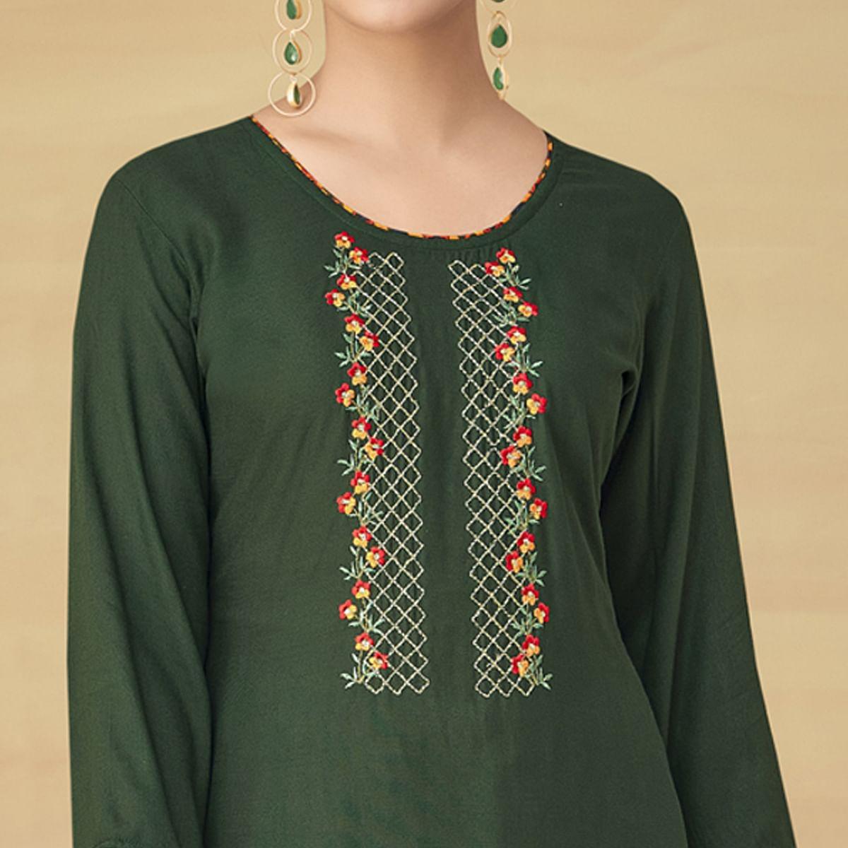 Olive Green Partywear Floral Embroidered Rayon Kurti Palazzo Set - Peachmode