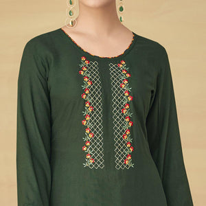 Olive Green Partywear Floral Embroidered Rayon Kurti Palazzo Set - Peachmode