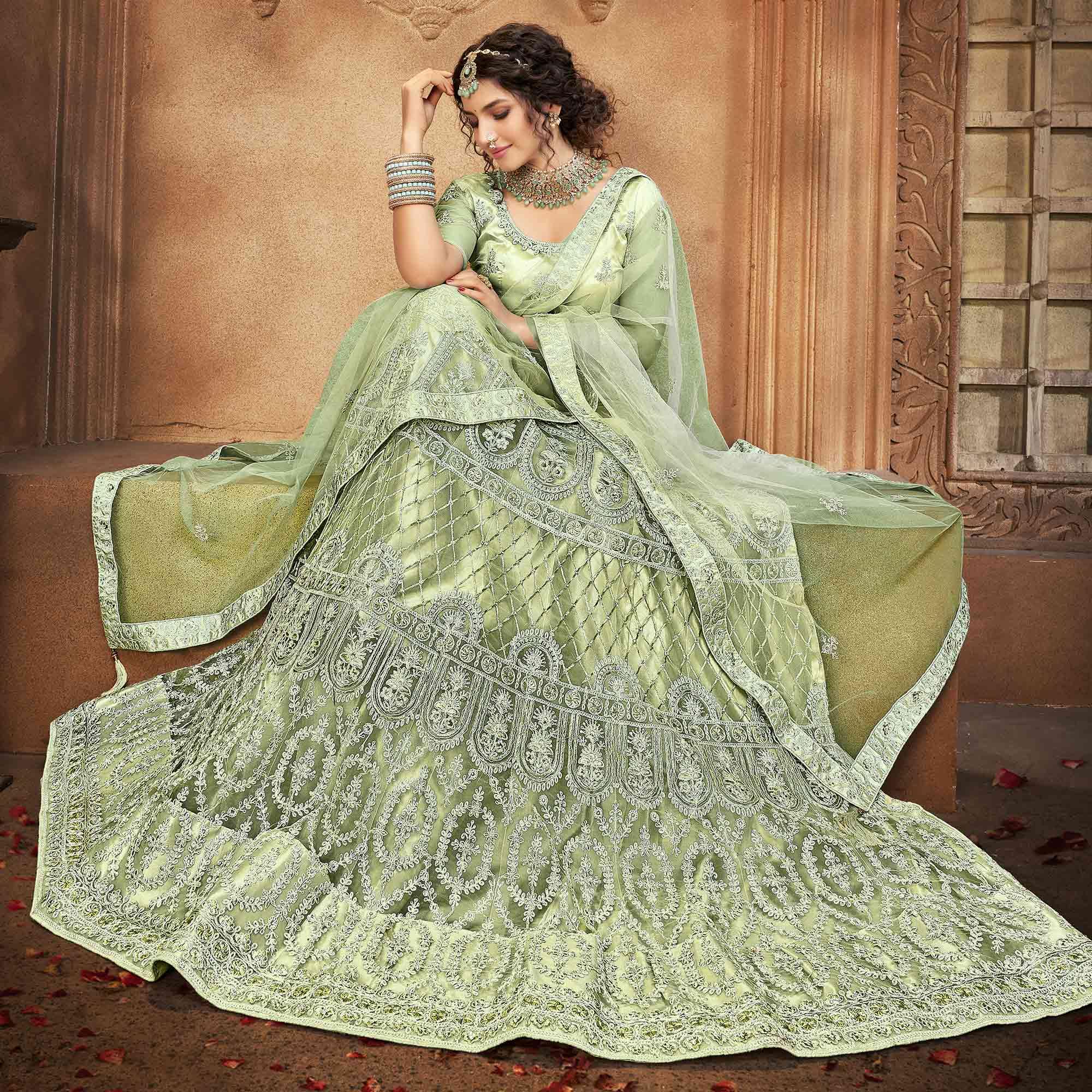Olive Green Partywear Multi Sequence Embroidered Net Lehenga Choli - Peachmode