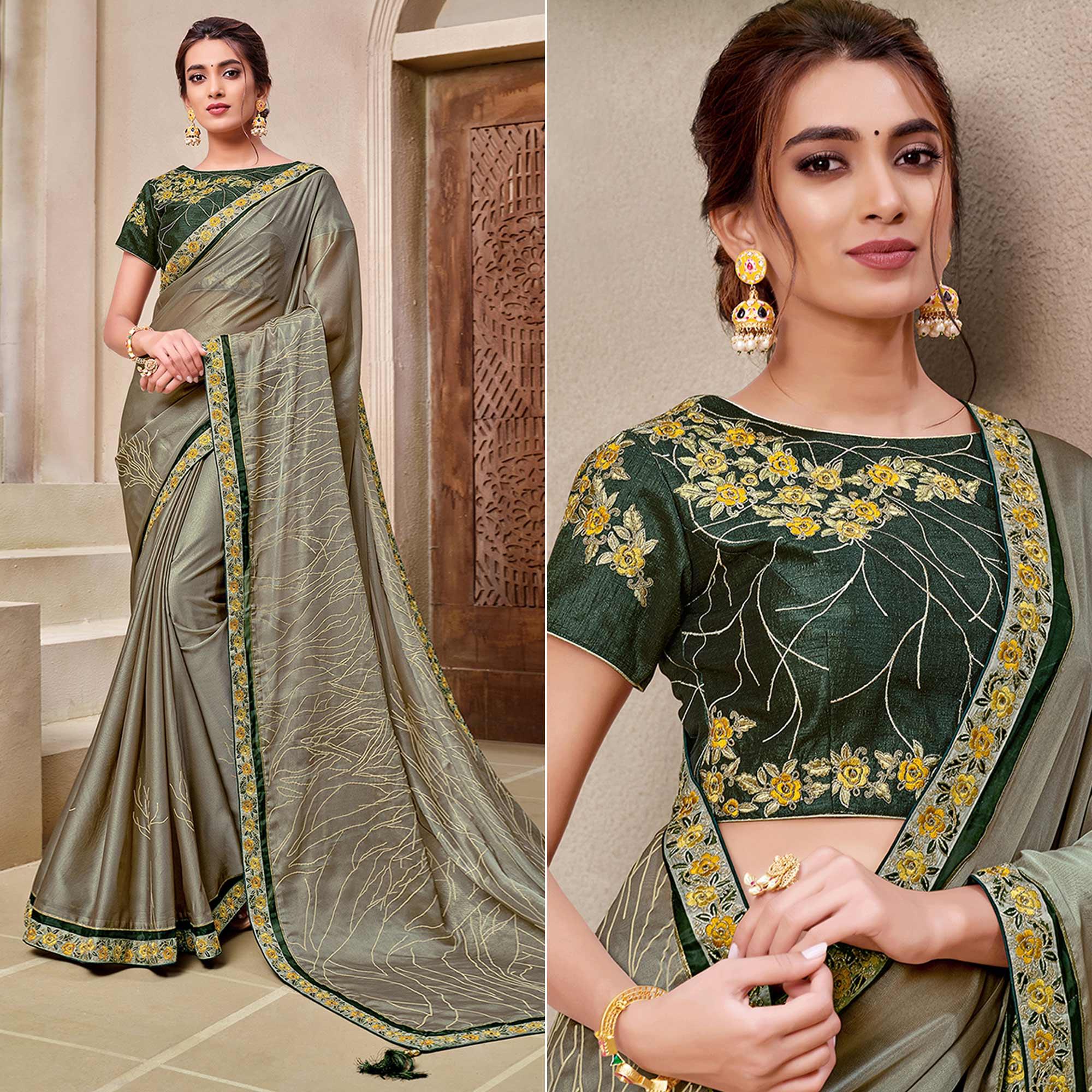 Olive Green Partywear Resham Embroidered Georgette Saree - Peachmode